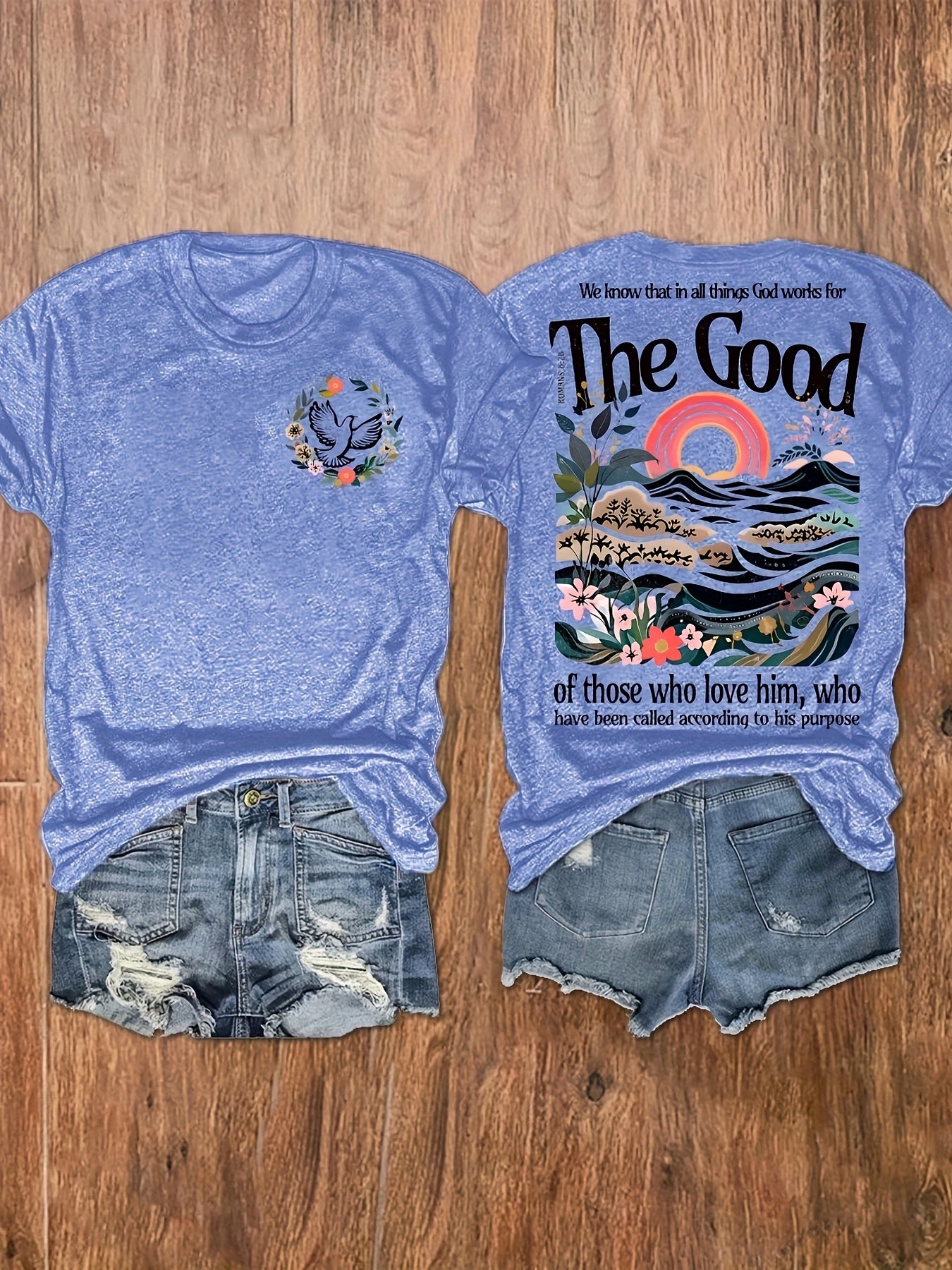 Women's Inspirational "The Good" Floral & Mountain Graphic Print T-Shirt - Soft Stretch Crew Neck Short Sleeve Casual Top, Machine Washable Regular Fit Tee for Summer & Spring, Ladies T Shirts, Vacation Clothing, Artistic Design, Nontransparent Material