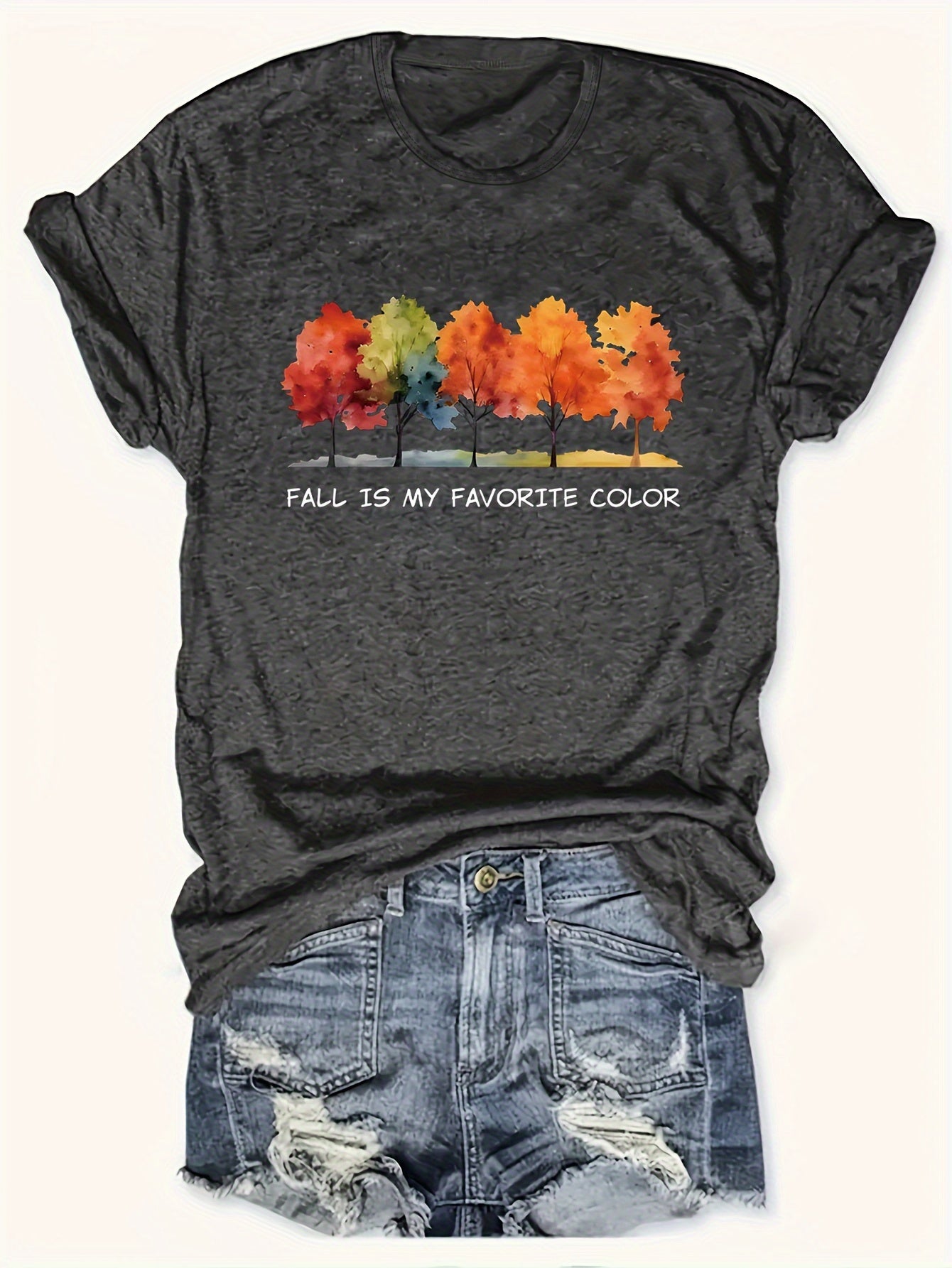 Plus Size Women's Casual Short Sleeve T-Shirt - Heather Gray Autumn Tree Print with "Fall Is My Favorite Color" Quote, Round Neck, Medium Stretch, Machine Washable for Spring Summer Fall, Seasonal Fashion, Quote Graphic Tee, Mediumstretch Fabric