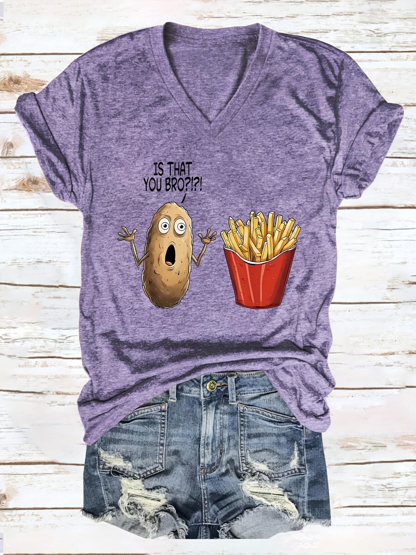 Women'S Casual V-Neck T-Shirt with Funny "Is That You Bro?" Potato & Fries Graphic - Soft Blue Short Sleeve Tee for Casual Attire, Ladies T Shirts