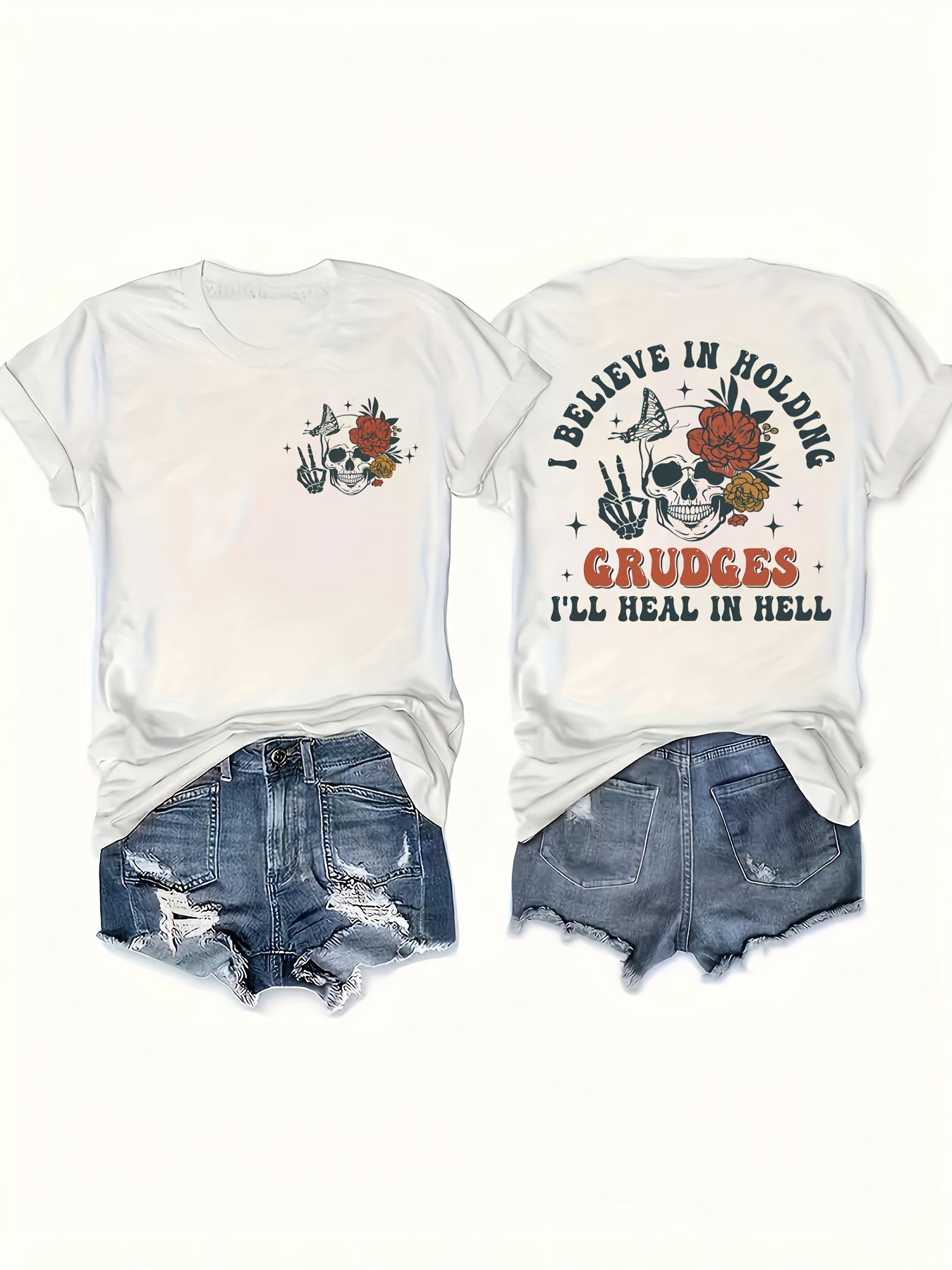 Skull & Letter Print Crew Neck T-shirt, Short Sleeve Casual Top For Summer & Spring, Women's Clothing