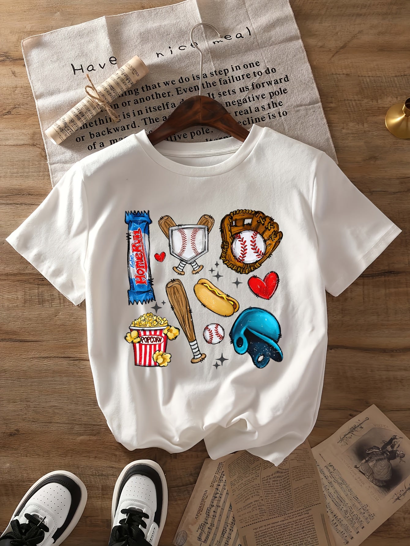 Women's Baseball & Candy Graphic Print T-Shirt - Vibrant Turquoise Short Sleeve Crew Neck Casual Top, Lightweight Summer & Spring Tee with Sporty Popcorn & Heart Design, Machine Washable, Baseball T Shirts, Relaxed Weekend Style, Fun Geometric Design,