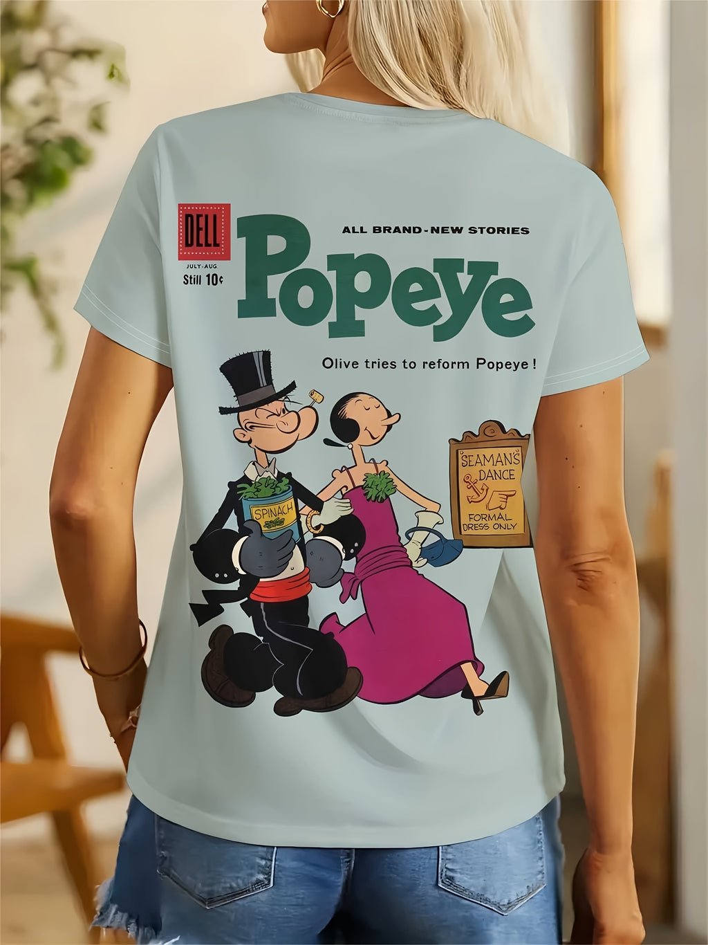 Women's Elegant Casual Round Neck T-Shirt - Vibrant Blue Popeye Graphic Print, Soft Breathable Fabric, Machine Washable, All-Season Comfort Fit, Ladies T Shirts, Pop Culture Apparel, Retro Style Shirt, Classic Fit Tee