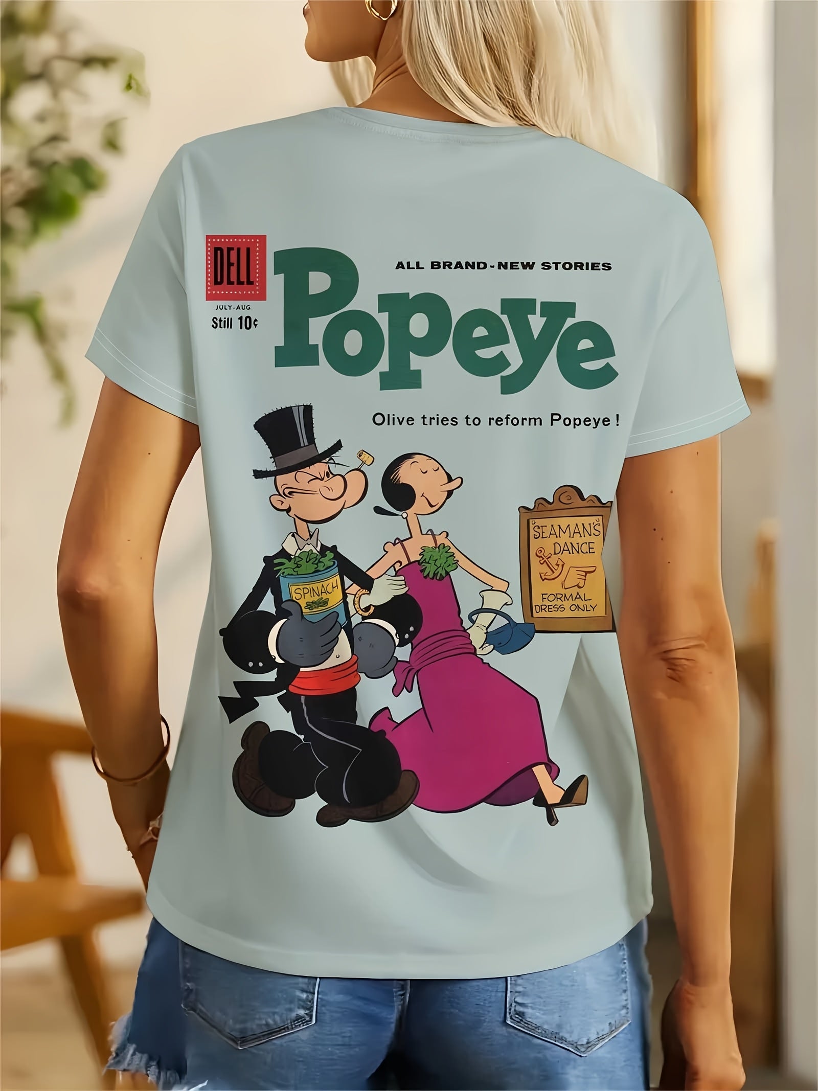 Women's Elegant Casual Round Neck T-Shirt - Vibrant Blue Popeye Graphic Print, Soft Breathable Fabric, Machine Washable, All-Season Comfort Fit, Ladies T Shirts, Pop Culture Apparel, Retro Style Shirt, Classic Fit Tee