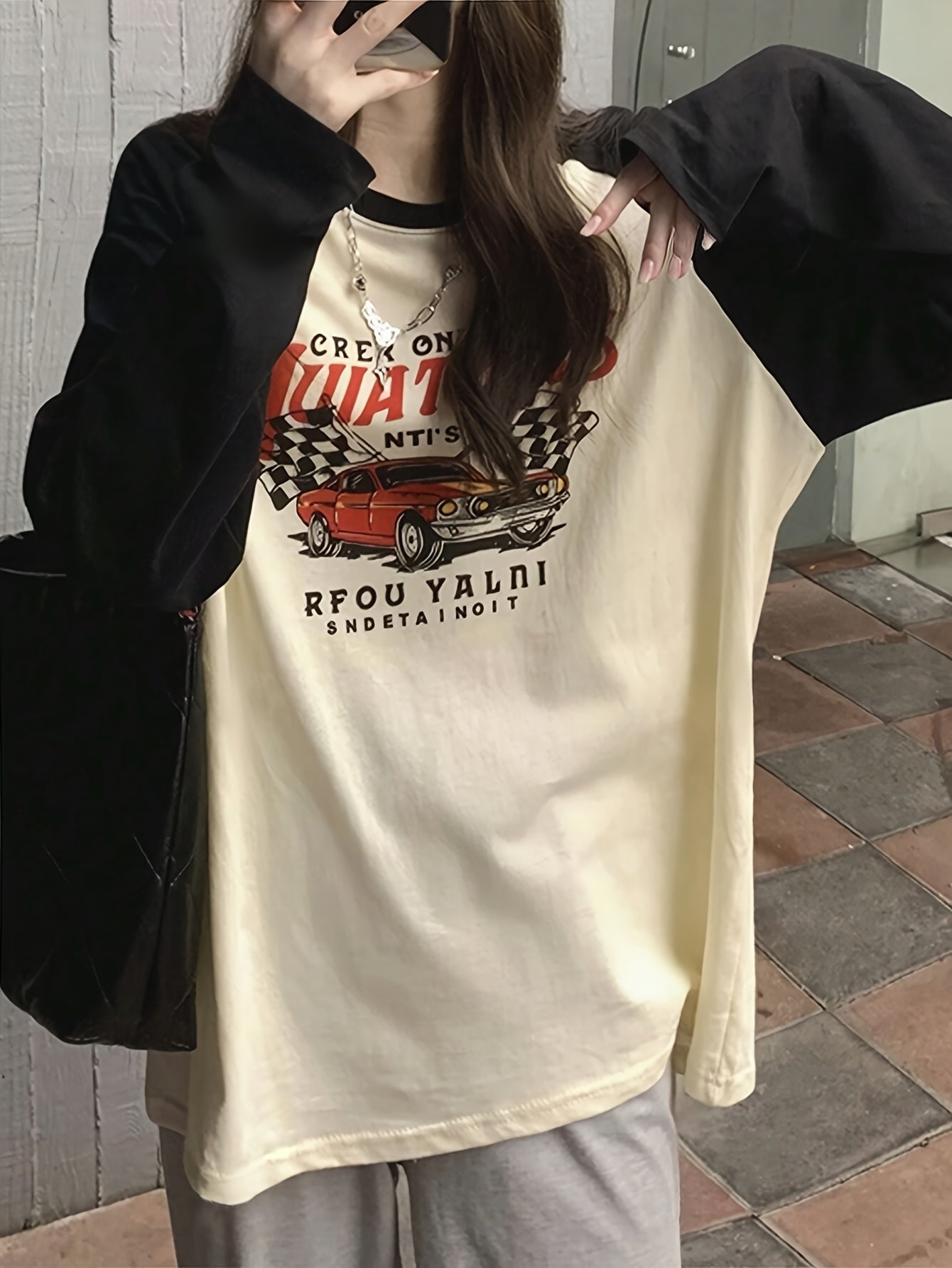 Women'S Y2K Fashion Printed Long Sleeve T-Shirt, Crew Neck, Color Block, Raglan Sleeves, Loose Fit, Knit Fabric, Polyester 95% Elastane 5%, All Seasons, Regular Length - 180gsm