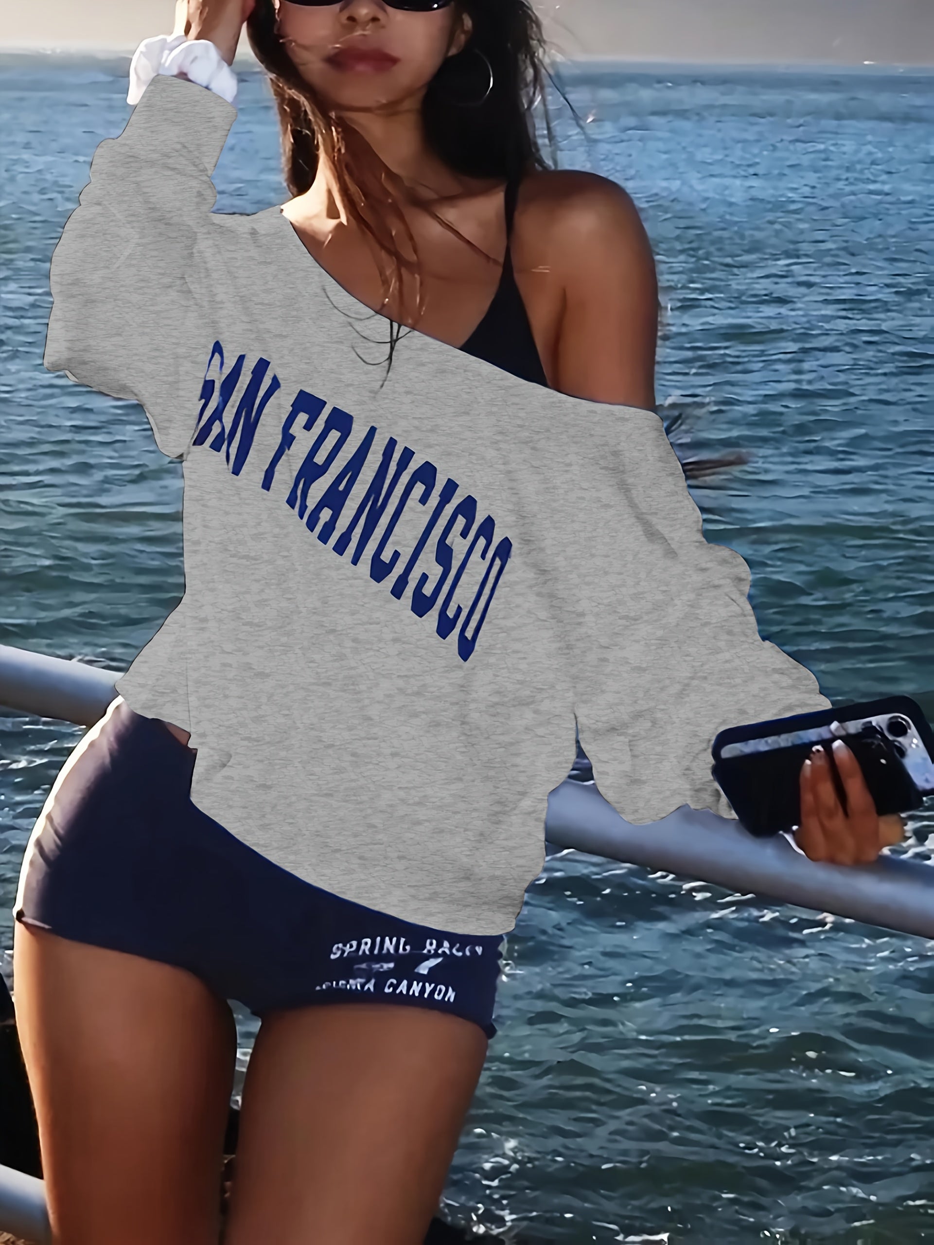 Women's Off-Shoulder Long Sleeve T-Shirt with SAN FRANCISCO Letter Print - Black & White Casual Chic Top for Spring/Summer, Machine Washable, Ladies T Shirts, Summer Fashion, Comfortable Fit