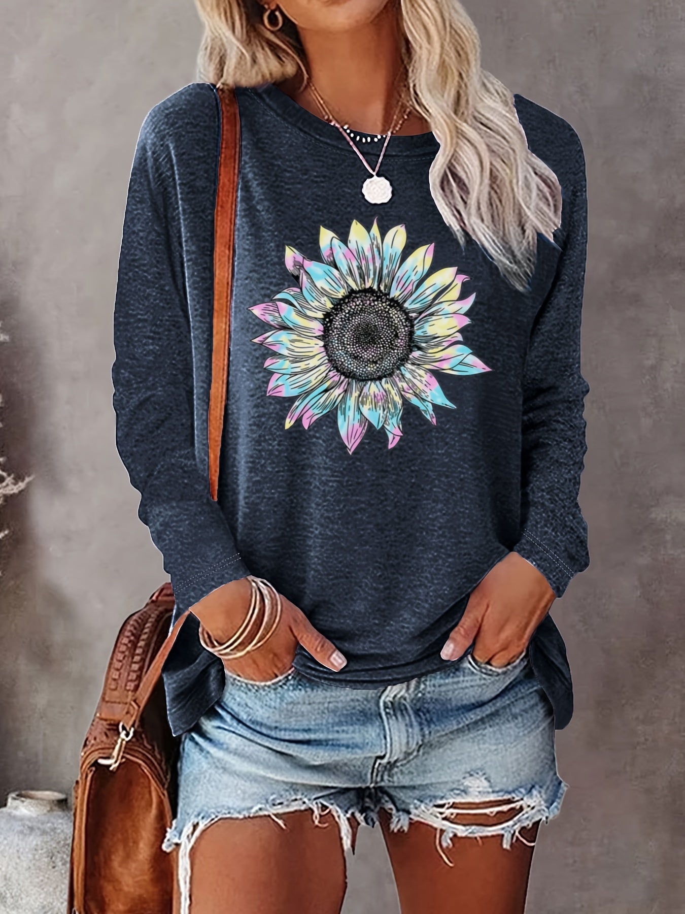 Women's Elegant Floral Long Sleeve T-Shirt - Soft Pink Blush Sunflower Graphic, Everyday & Formal Outfits - SHIMIDA Women's Tops, Floral Print Blouse, Allseason Apparel, Quality Casual Wear