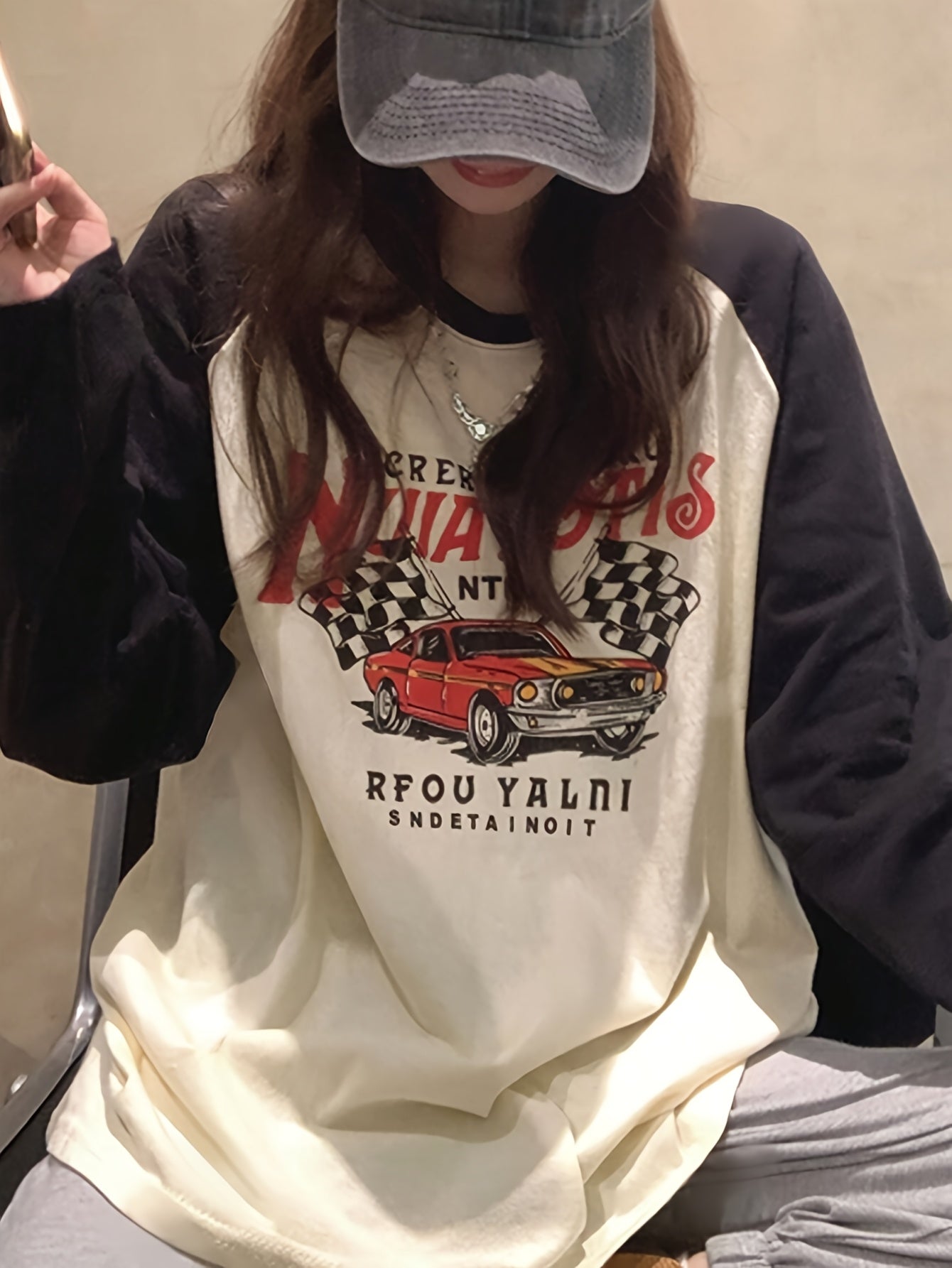 Women'S Y2K Fashion Printed Long Sleeve T-Shirt, Crew Neck, Color Block, Raglan Sleeves, Loose Fit, Knit Fabric, Polyester 95% Elastane 5%, All Seasons, Regular Length - 180gsm