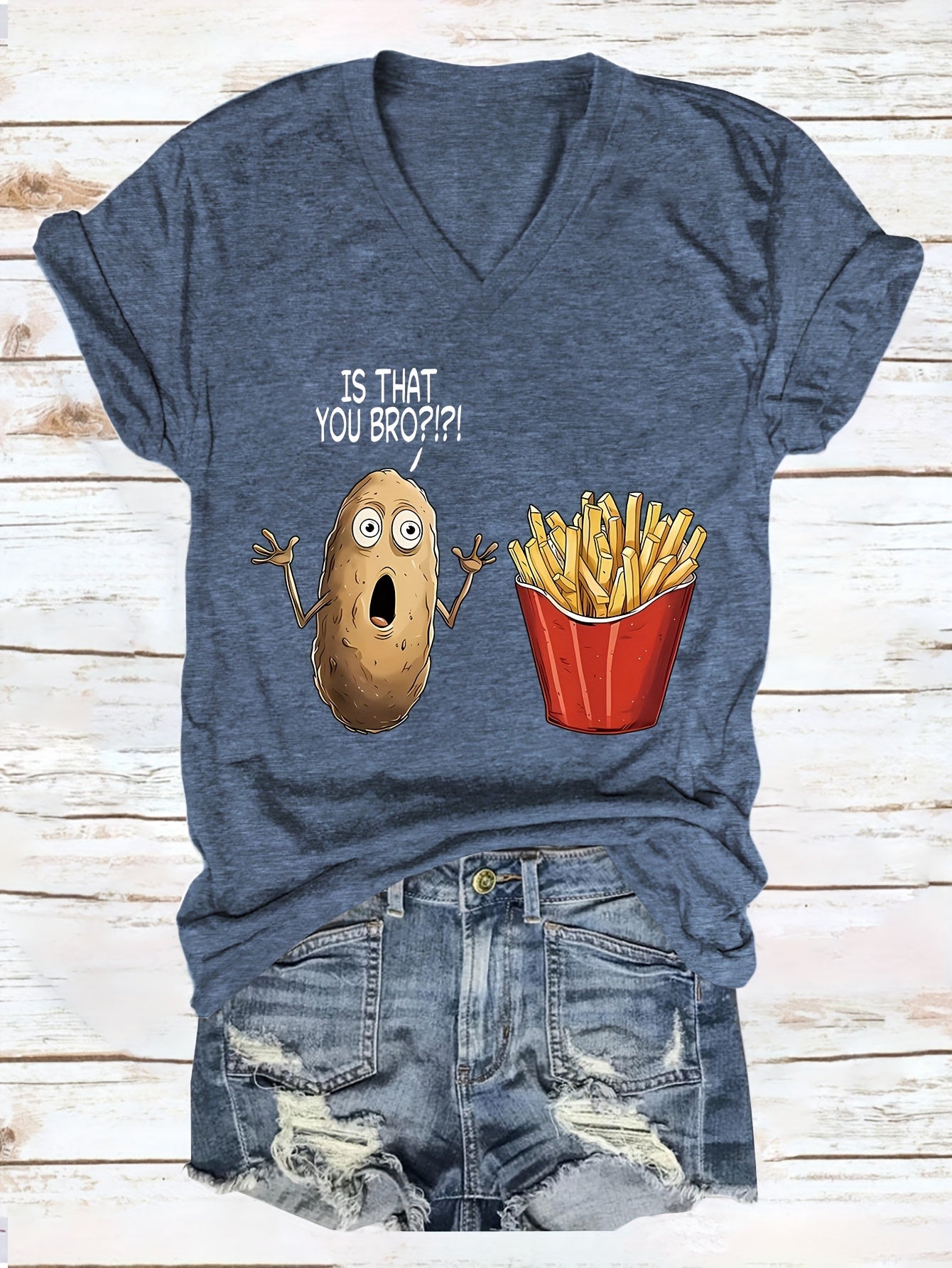 Women'S Casual V-Neck T-Shirt with Funny "Is That You Bro?" Potato & Fries Graphic - Soft Blue Short Sleeve Tee for Casual Attire, Ladies T Shirts