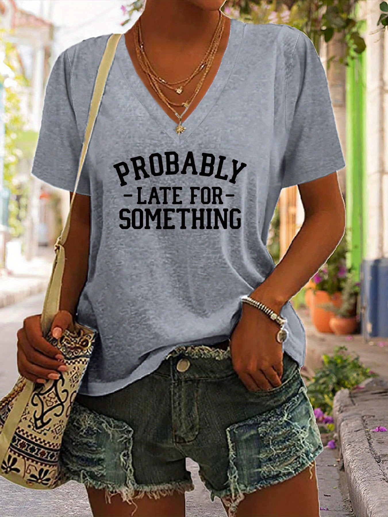 May Be Late Fashion V-Neck T-Shirt - Lightweight & Breathable Short Sleeve Top for Women - Casual Summer & Spring Wear with Trendy Print