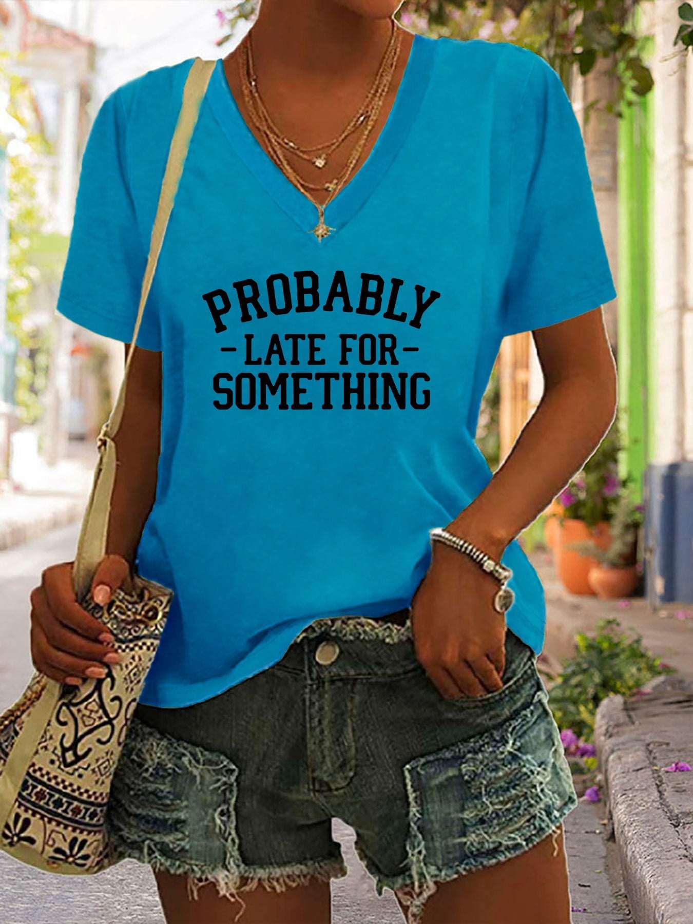 May Be Late Fashion V-Neck T-Shirt - Lightweight & Breathable Short Sleeve Top for Women - Casual Summer & Spring Wear with Trendy Print