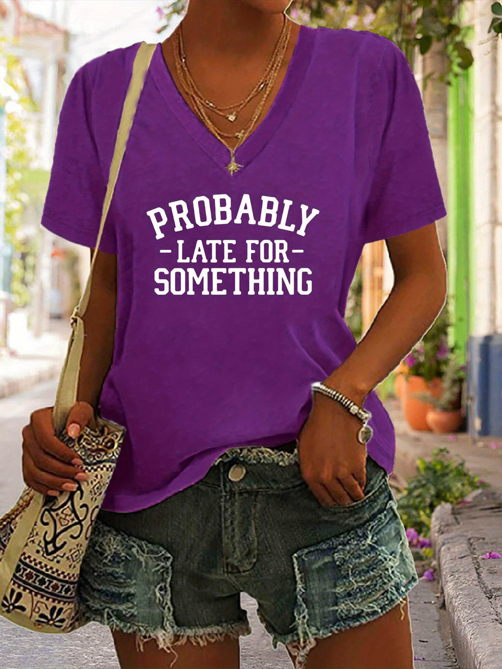May Be Late Fashion V-Neck T-Shirt - Lightweight & Breathable Short Sleeve Top for Women - Casual Summer & Spring Wear with Trendy Print