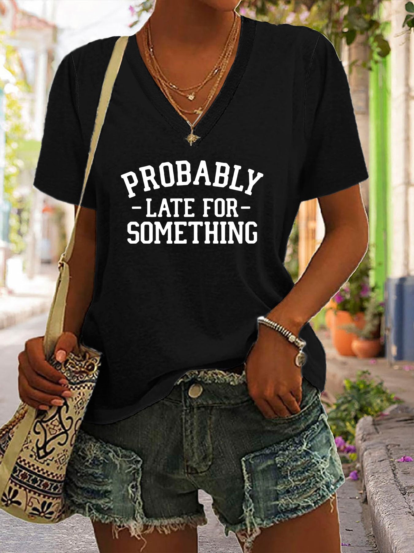 May Be Late Fashion V-Neck T-Shirt - Lightweight & Breathable Short Sleeve Top for Women - Casual Summer & Spring Wear with Trendy Print