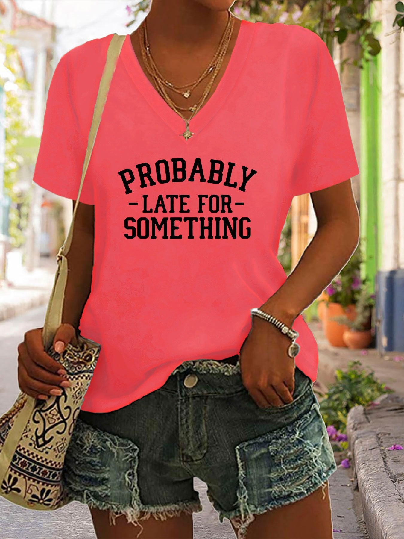 May Be Late Fashion V-Neck T-Shirt - Lightweight & Breathable Short Sleeve Top for Women - Casual Summer & Spring Wear with Trendy Print