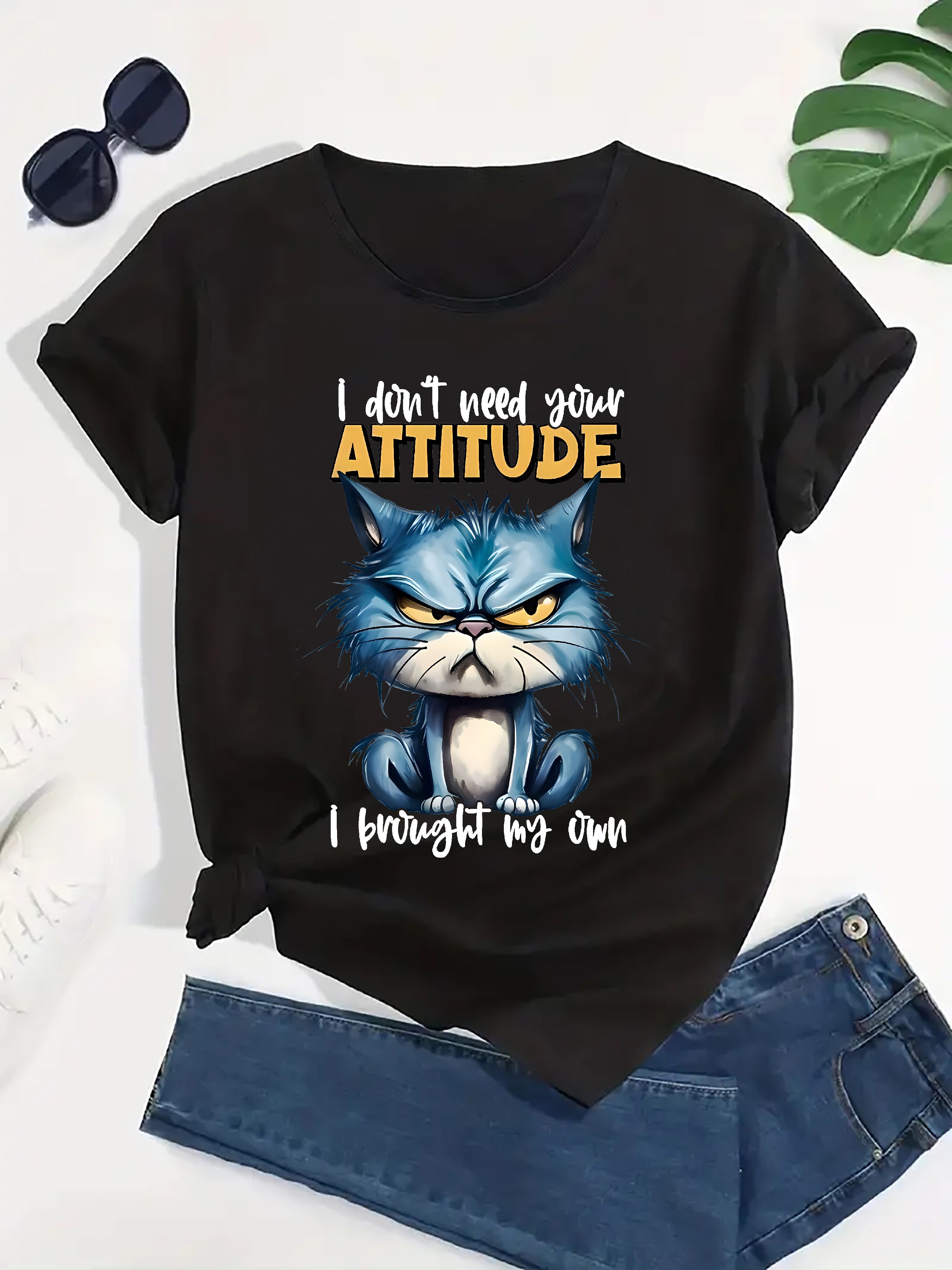 [Sassy Cat Tshirt] Sassy Plus Size Women's Graphic Print T-Shirt | Soft Polyester Blend, Machine Washable Casual Crew Neck Short Sleeve Top for Spring/Summer, Bold "I Don't Need Your Attitude" Cat Design