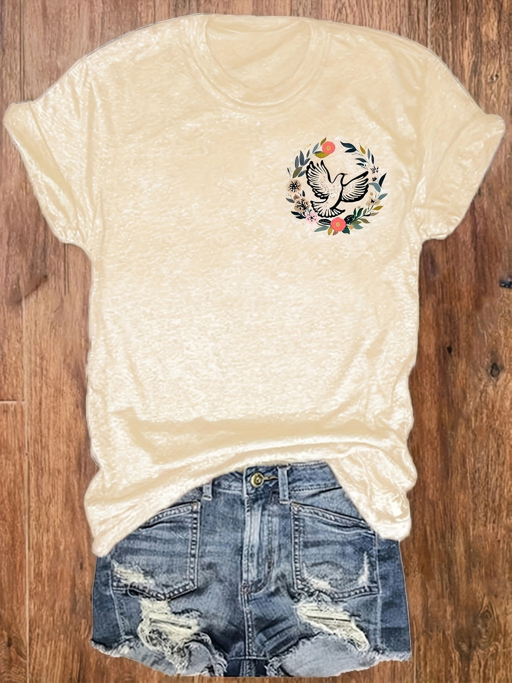 Women's Inspirational "The Good" Floral & Mountain Graphic Print T-Shirt - Soft Stretch Crew Neck Short Sleeve Casual Top, Machine Washable Regular Fit Tee for Summer & Spring, Ladies T Shirts, Vacation Clothing, Artistic Design, Nontransparent Material