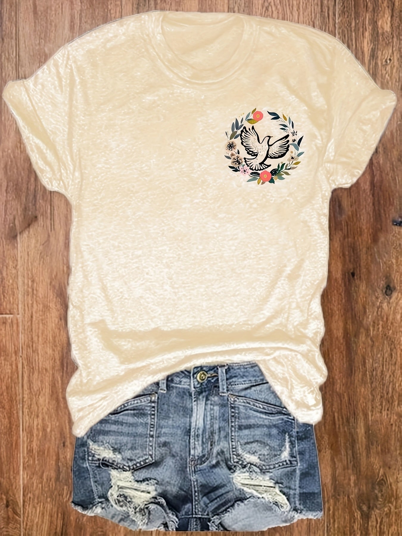 Women's Inspirational "The Good" Floral & Mountain Graphic Print T-Shirt - Soft Stretch Crew Neck Short Sleeve Casual Top, Machine Washable Regular Fit Tee for Summer & Spring, Ladies T Shirts, Vacation Clothing, Artistic Design, Nontransparent Material