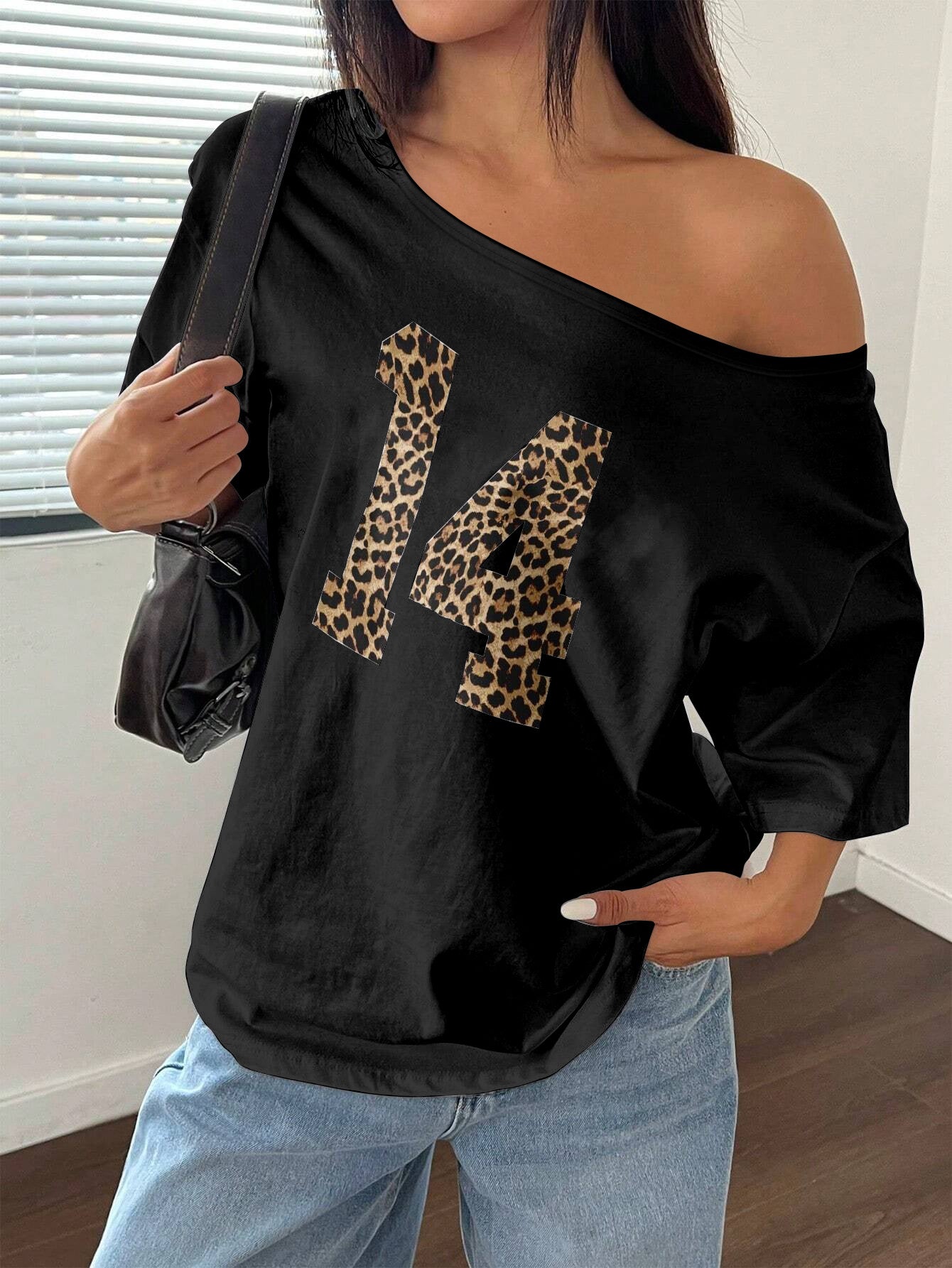 [Trendy Y2K Tee] Soft White Women's Y2K Off-Shoulder Leopard Print "14" Graphic Tee | Casual Loose Fit Spring/Summer Top, Polyester Blend, Machine Washable, Trendy Women's Apparel, Stretchable Fabric