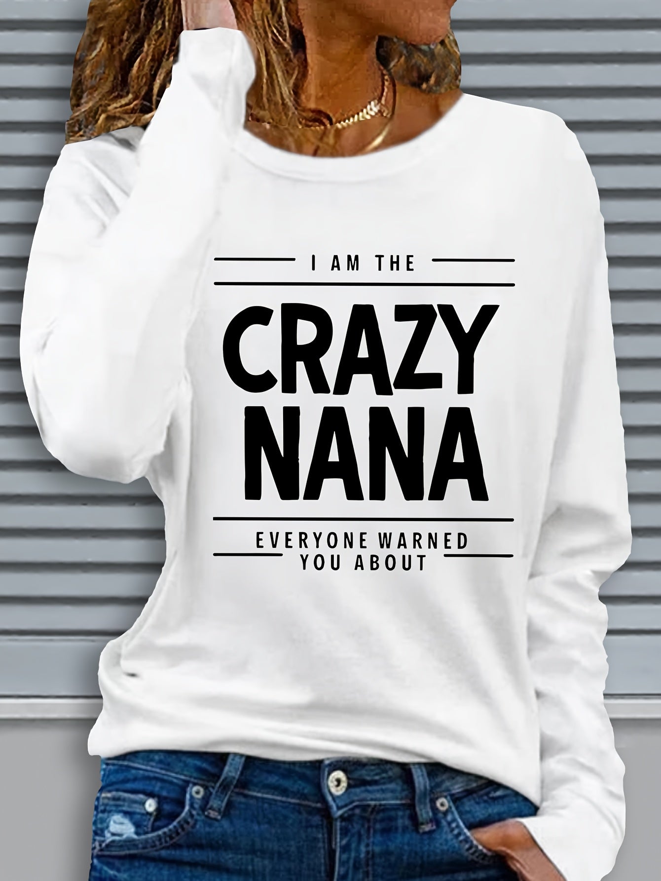Women'S "Crazy Nana" Letter Print Long Sleeve Crew Neck T-Shirt, Casual Knit Polyester Top with Slight Stretch, Regular Fit Pullovers for Fall/Winter - 100% Polyester, 180g/m²
