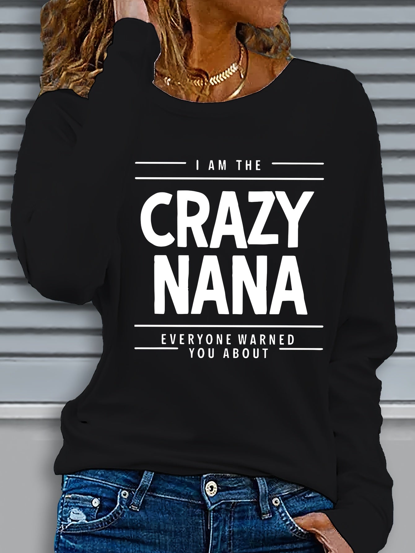 Women'S "Crazy Nana" Letter Print Long Sleeve Crew Neck T-Shirt, Casual Knit Polyester Top with Slight Stretch, Regular Fit Pullovers for Fall/Winter - 100% Polyester, 180g/m²