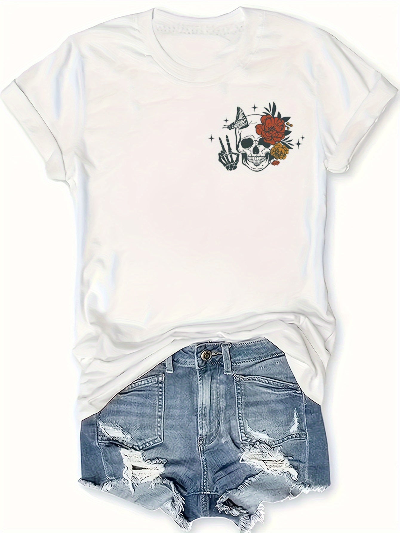 Skull & Letter Print Crew Neck T-shirt, Short Sleeve Casual Top For Summer & Spring, Women's Clothing