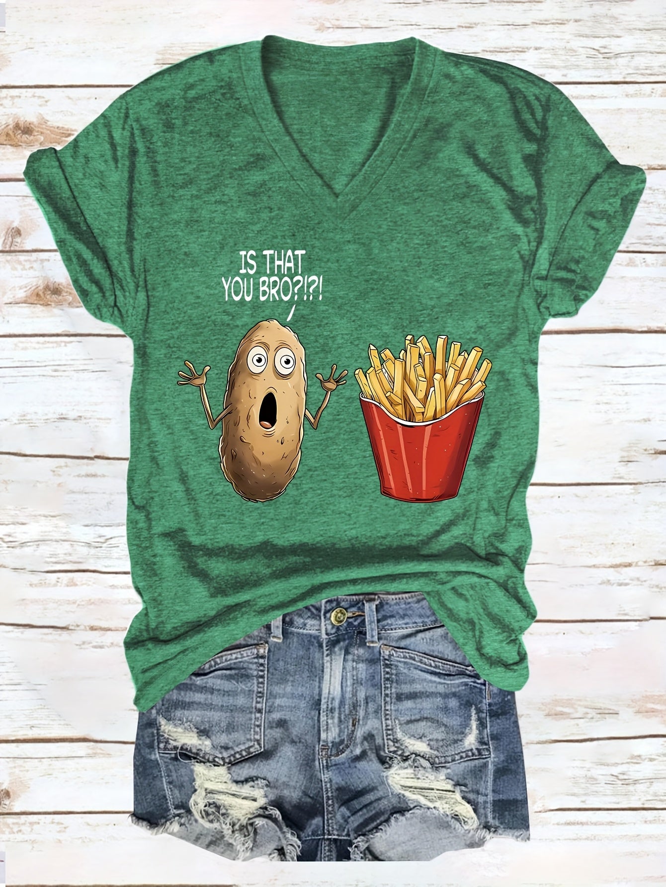 Women'S Casual V-Neck T-Shirt with Funny "Is That You Bro?" Potato & Fries Graphic - Soft Blue Short Sleeve Tee for Casual Attire, Ladies T Shirts