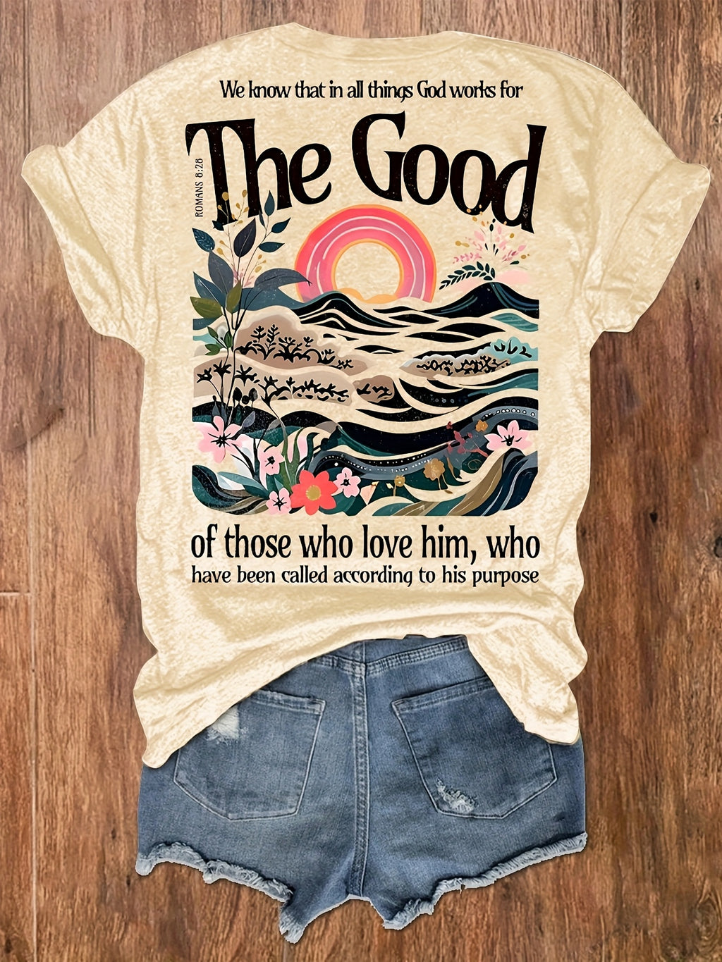 Women's Inspirational "The Good" Floral & Mountain Graphic Print T-Shirt - Soft Stretch Crew Neck Short Sleeve Casual Top, Machine Washable Regular Fit Tee for Summer & Spring, Ladies T Shirts, Vacation Clothing, Artistic Design, Nontransparent Material