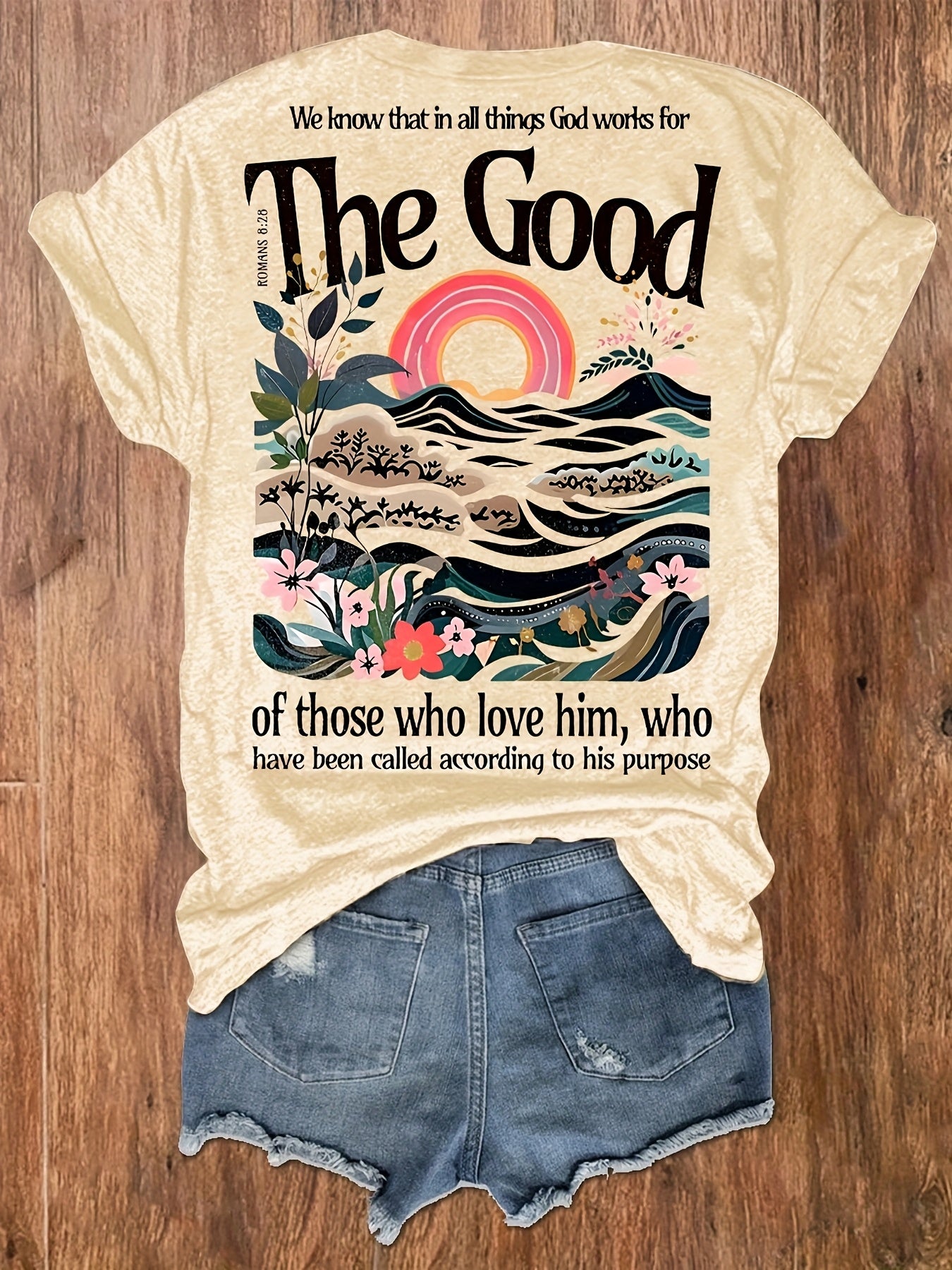 Women's Inspirational "The Good" Floral & Mountain Graphic Print T-Shirt - Soft Stretch Crew Neck Short Sleeve Casual Top, Machine Washable Regular Fit Tee for Summer & Spring, Ladies T Shirts, Vacation Clothing, Artistic Design, Nontransparent Material