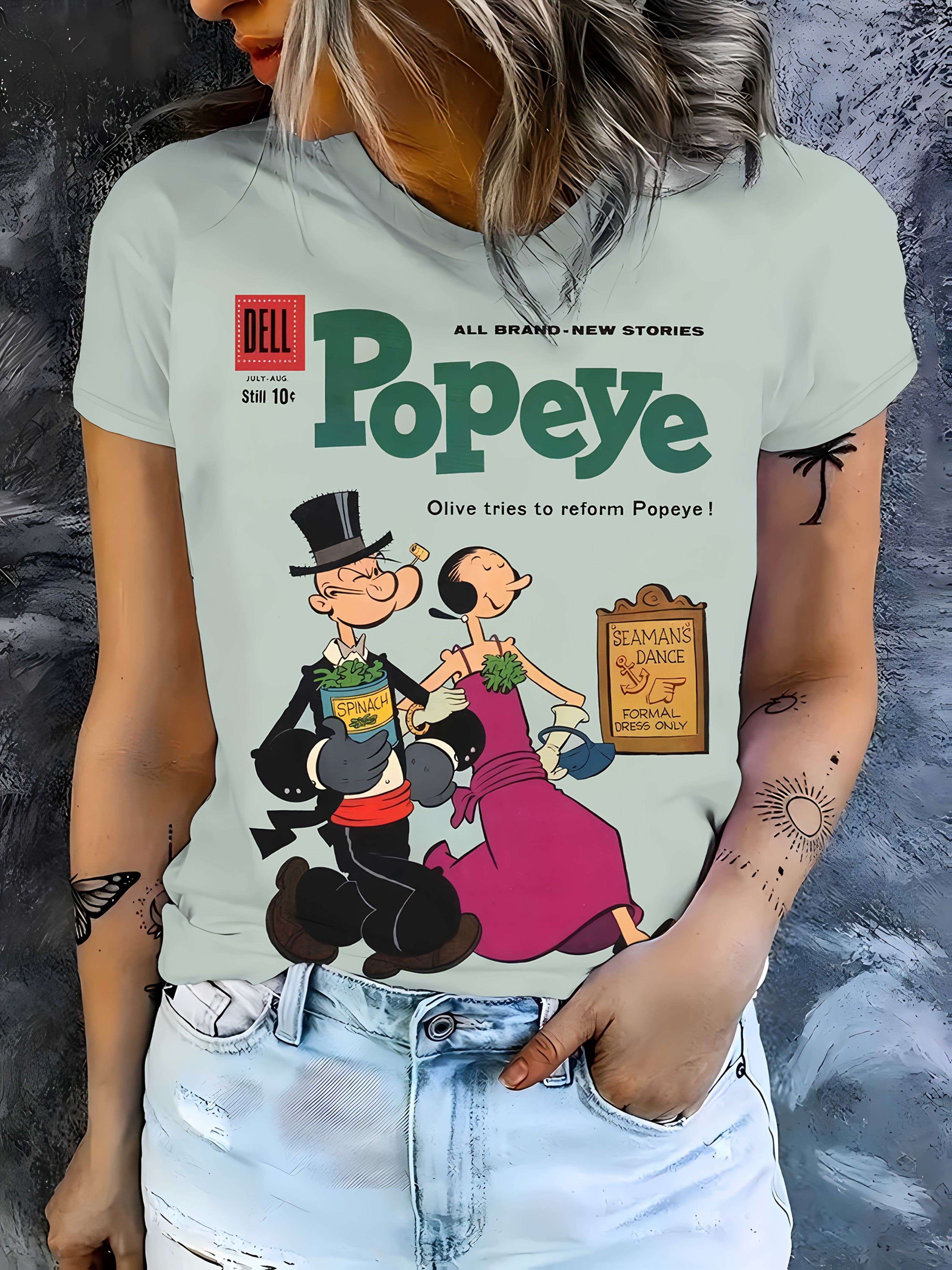 Women's Elegant Casual Round Neck T-Shirt - Vibrant Blue Popeye Graphic Print, Soft Breathable Fabric, Machine Washable, All-Season Comfort Fit, Ladies T Shirts, Pop Culture Apparel, Retro Style Shirt, Classic Fit Tee
