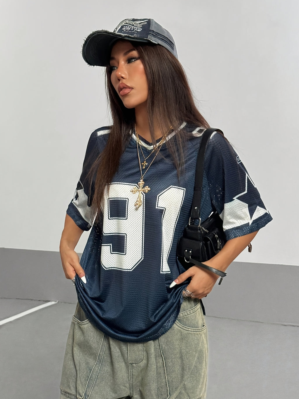 Women's Sporty V-Neck Mesh T-Shirt - Breathable 91 Graphic Print, Navy Blue & White Athletic Top for Spring/Summer, Machine Washable Casual & Workout Wear, Ladies T Shirts