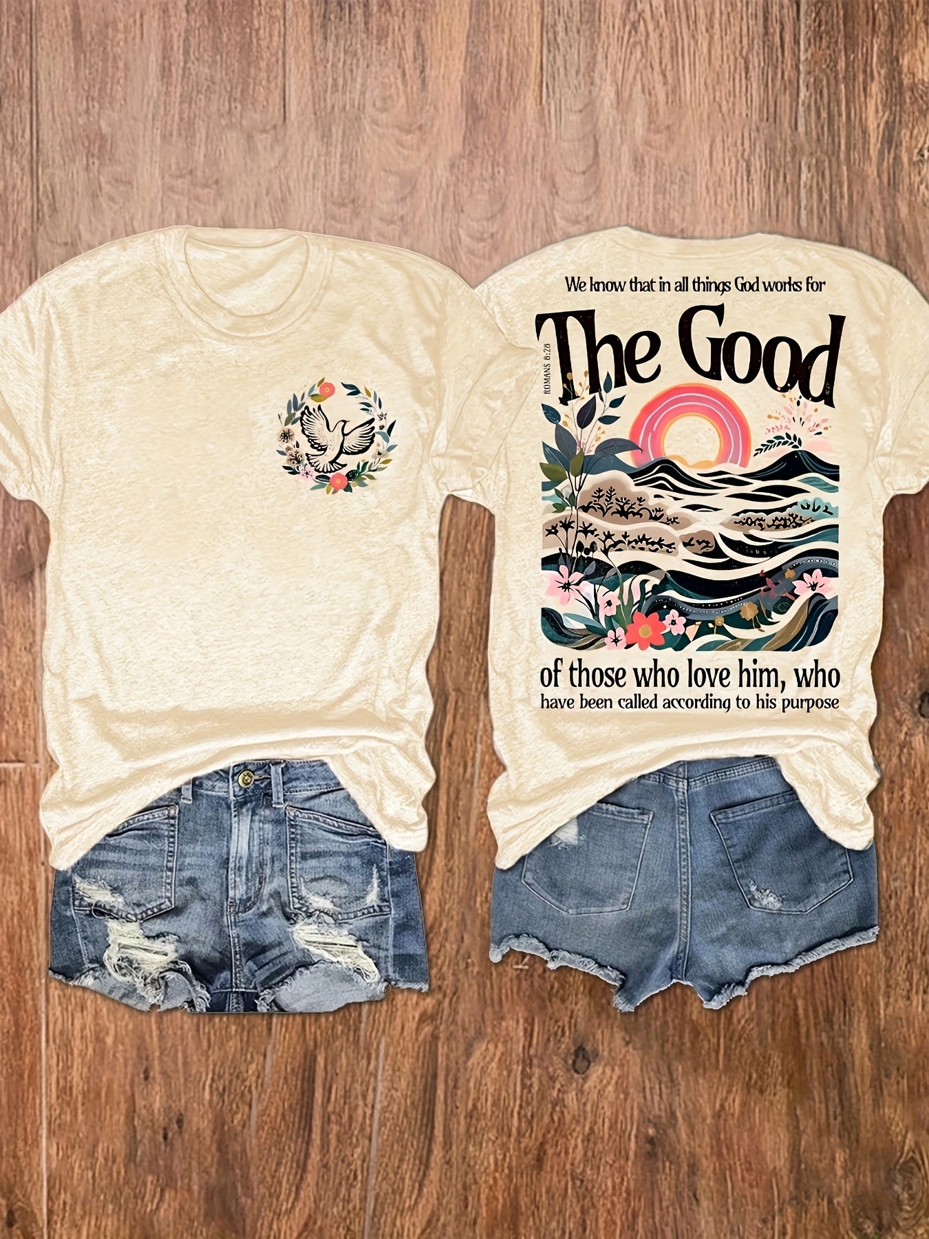Women's Inspirational "The Good" Floral & Mountain Graphic Print T-Shirt - Soft Stretch Crew Neck Short Sleeve Casual Top, Machine Washable Regular Fit Tee for Summer & Spring, Ladies T Shirts, Vacation Clothing, Artistic Design, Nontransparent Material