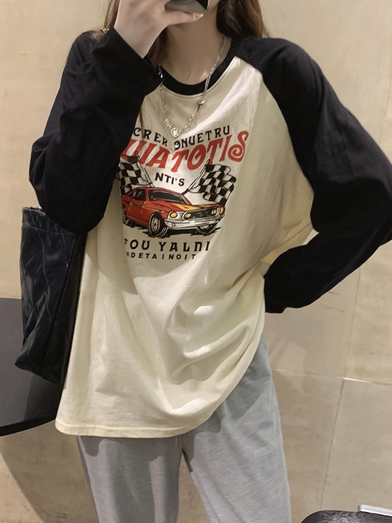 Women'S Y2K Fashion Printed Long Sleeve T-Shirt, Crew Neck, Color Block, Raglan Sleeves, Loose Fit, Knit Fabric, Polyester 95% Elastane 5%, All Seasons, Regular Length - 180gsm