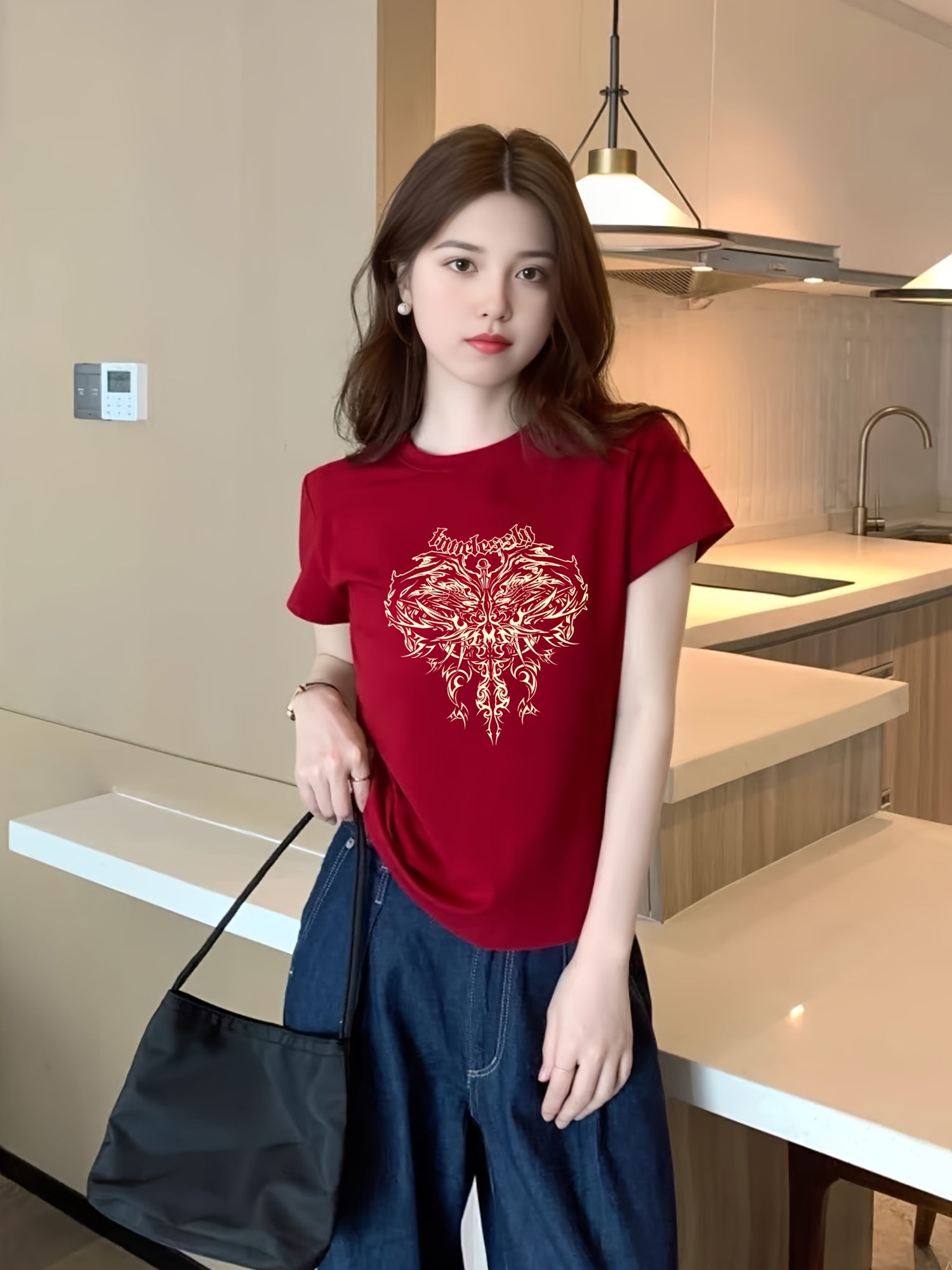 Women'S Slim Fit Short Sleeve T-Shirt - 2025 New Arrival, Stylish Golden Cross Print, Round Neck, Casual Summer Top, Casual Wear | Trendy Women'S Tee | Glossy Fabri