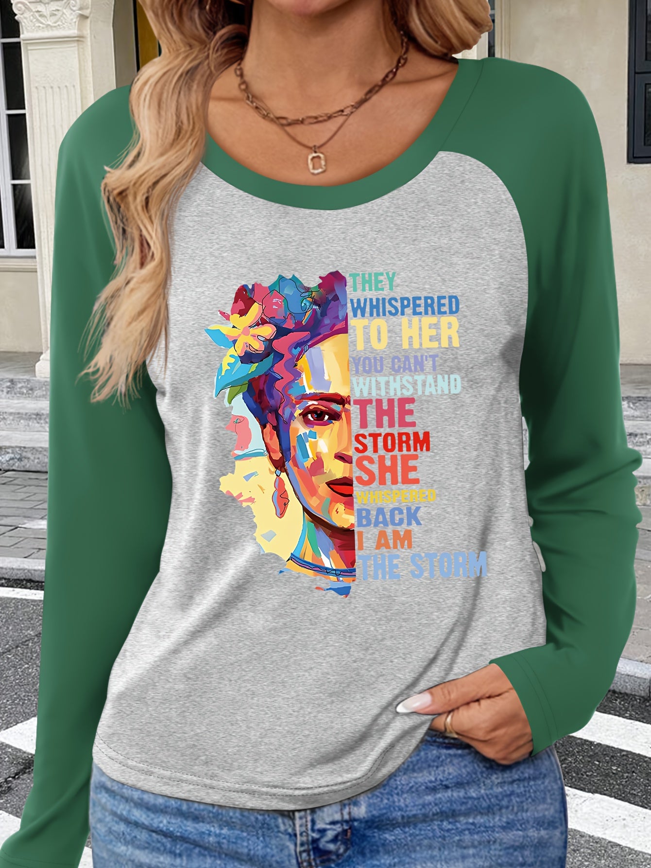 Patterned Raglan Sleeve Long-Sleeve T-Shirt for Autumn And Winter