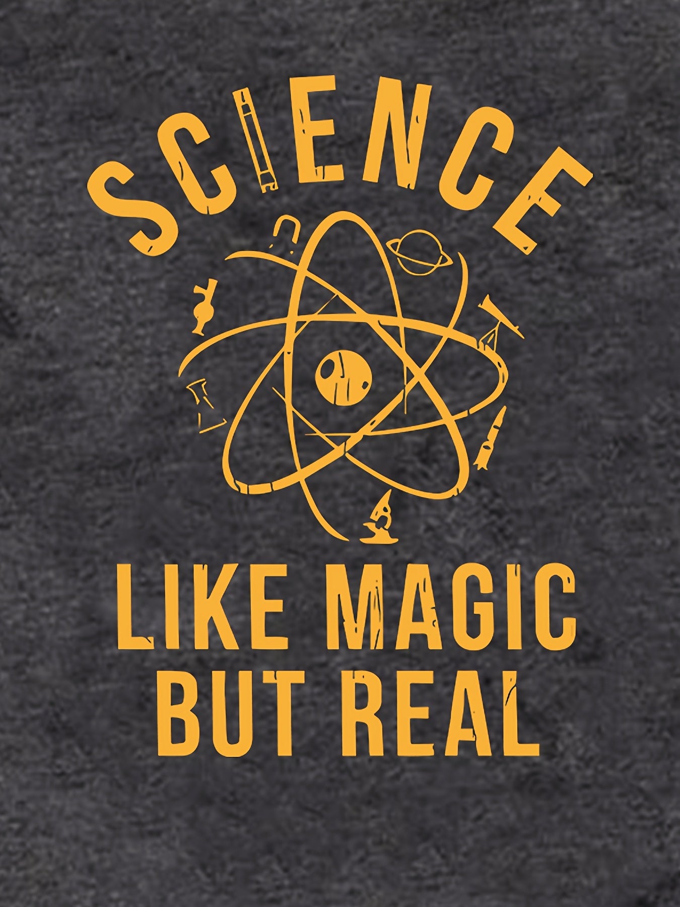 [Science Tee] Dark Grey Women's Science Print T-Shirt | Short Sleeve Crew Neck Casual Top | Machine Washable Summer & Spring Apparel, Science Shirt, Casual Attire, Playful Graphic Tee, Relaxed Fit Shirt - "Science Like Magic But Real" Atomic Graphic