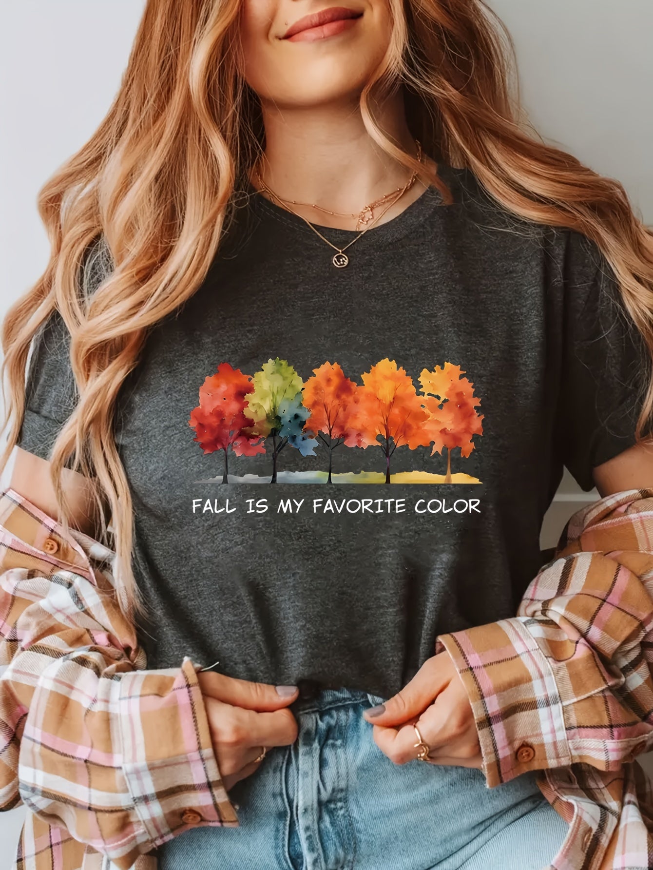 Plus Size Women's Casual Short Sleeve T-Shirt - Heather Gray Autumn Tree Print with "Fall Is My Favorite Color" Quote, Round Neck, Medium Stretch, Machine Washable for Spring Summer Fall, Seasonal Fashion, Quote Graphic Tee, Mediumstretch Fabric