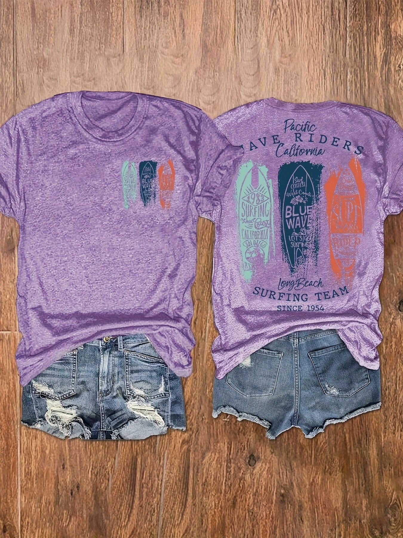 [Vintage Surf Tee] Soft Vintage Women's Surf Graphic Print T-Shirt | Crew Neck Short Sleeve Top with Beach Surfing Team Design, Machine Washable Casual Summer & Spring Tee, Beach Gear, Vacation Clothing, Laidback Style, Comfortable Tee, Surfthemed Shirt,
