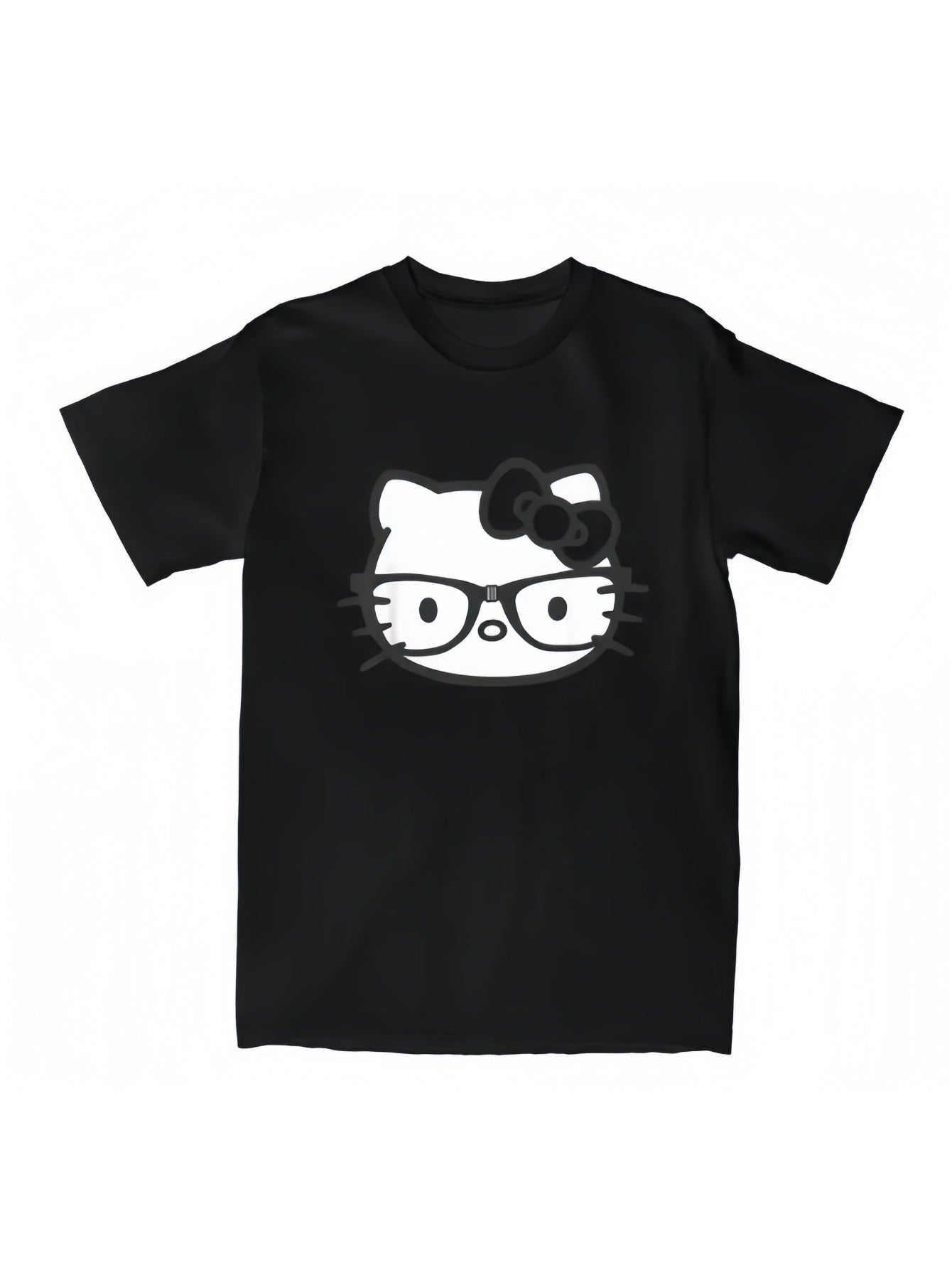 [Sanrio Hello Kitty T-Shirt] Sanrio Hello Kitty Cartoon Graphic T-Shirt | Short Sleeve Crew Neck, Black with White Design | Casual Spring/Summer Top, Everyday Tshirt | Playful Design | Quality Fabric Shirt for Women & Men