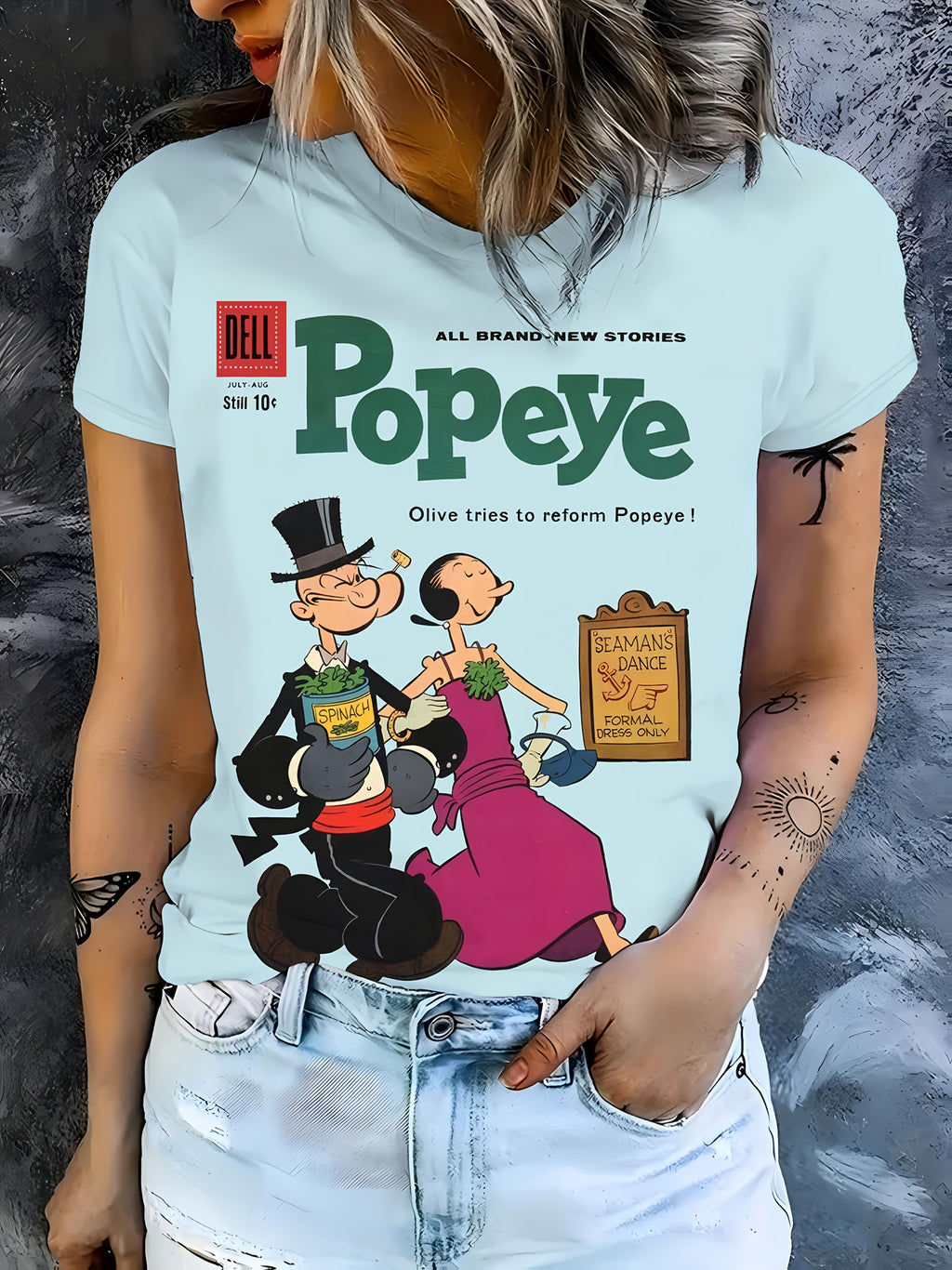 Women's Elegant Casual Round Neck T-Shirt - Vibrant Blue Popeye Graphic Print, Soft Breathable Fabric, Machine Washable, All-Season Comfort Fit, Ladies T Shirts, Pop Culture Apparel, Retro Style Shirt, Classic Fit Tee