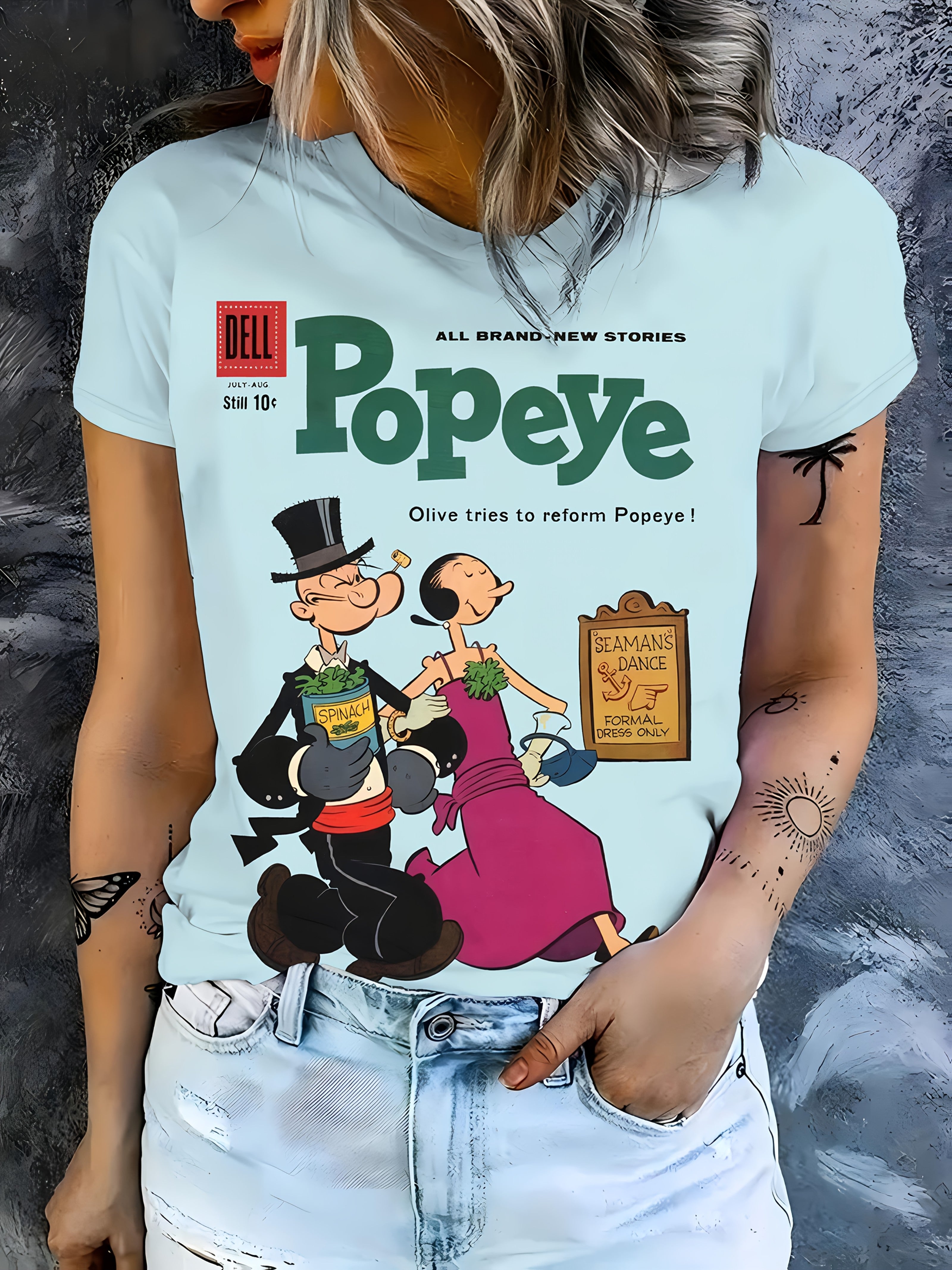 Women's Elegant Casual Round Neck T-Shirt - Vibrant Blue Popeye Graphic Print, Soft Breathable Fabric, Machine Washable, All-Season Comfort Fit, Ladies T Shirts, Pop Culture Apparel, Retro Style Shirt, Classic Fit Tee
