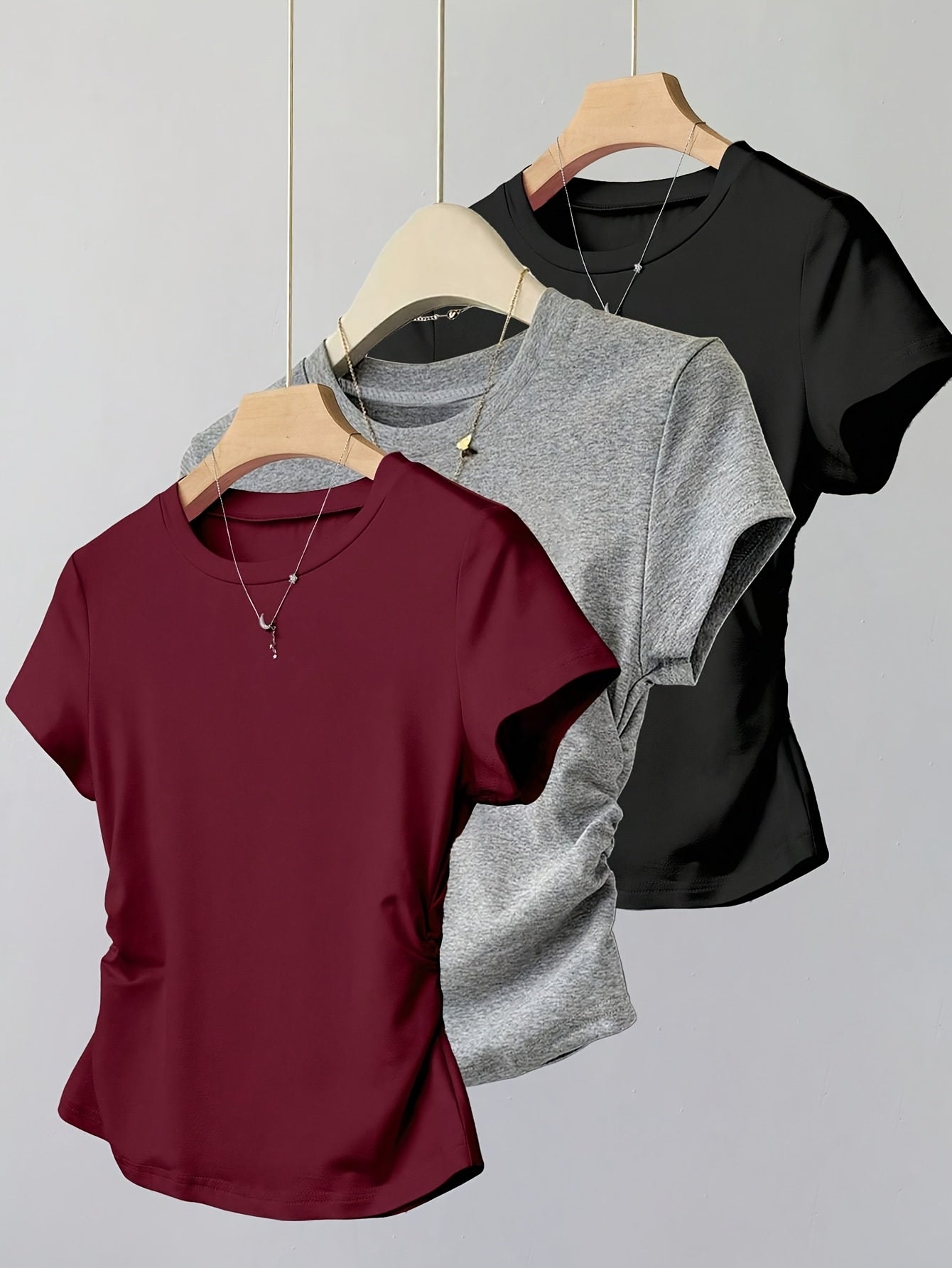 Elegant Solid Color Ruched Short Sleeve T-Shirt for - Versatile Casual Top with "I'm Not Old I'm Unique" Graphic, Perfect for Spring/Summer, Casual Wear | Ruched Design | Construction, T Shirts