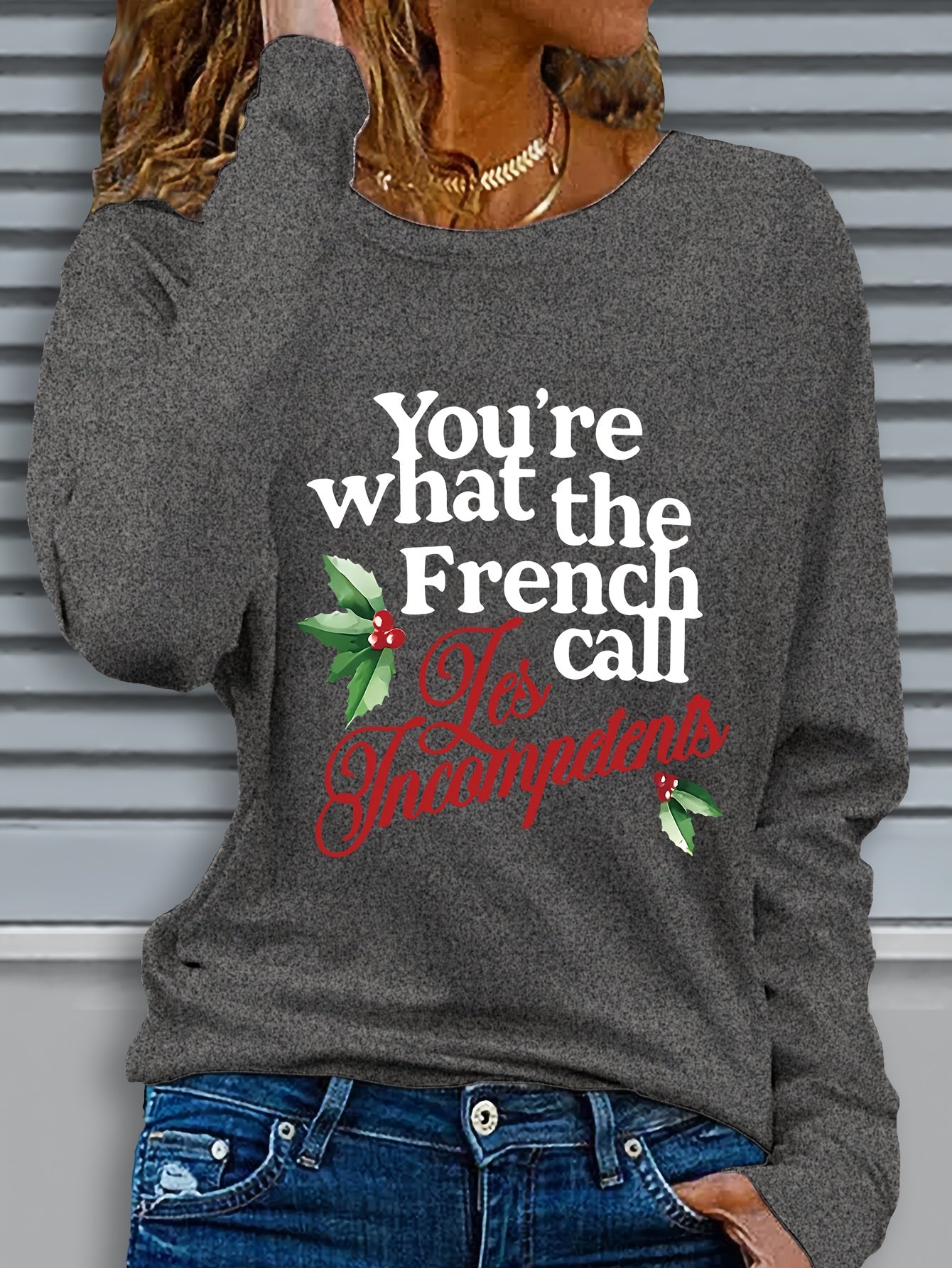 Christmas Themed Long Sleeve Crew Neck Top - 1pc Women's Casual Polyester Knit Fabric with Graphic Print and Slight Stretch - Regular Fit, Fall/Winter Collection