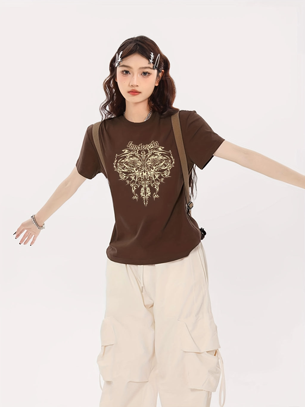 Women'S Slim Fit Short Sleeve T-Shirt - 2025 New Arrival, Stylish Golden Cross Print, Round Neck, Casual Summer Top, Casual Wear | Trendy Women'S Tee | Glossy Fabri