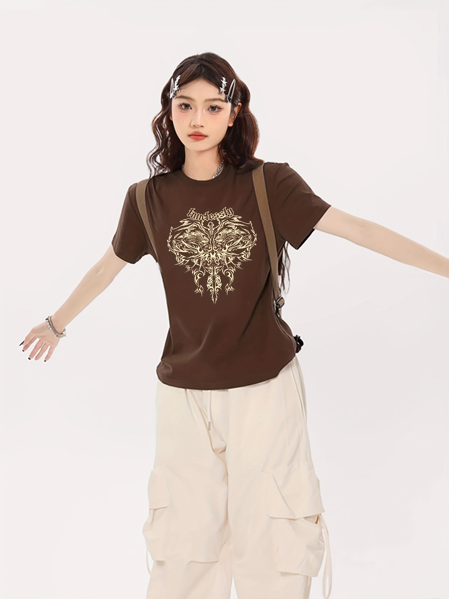Women'S Slim Fit Short Sleeve T-Shirt - 2025 New Arrival, Stylish Golden Cross Print, Round Neck, Casual Summer Top, Casual Wear | Trendy Women'S Tee | Glossy Fabri
