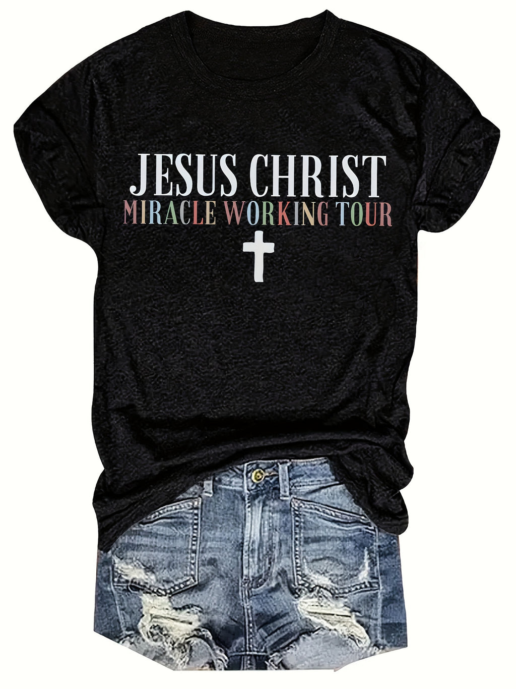 [Christian Faith Tee] Black Christian Faith Women's Jesus Christ Miracle Working Tour Graphic T-Shirt | Stretchy Round Neck Short Sleeve Top for Casual Wear & Vacation Outfits with Cross Design