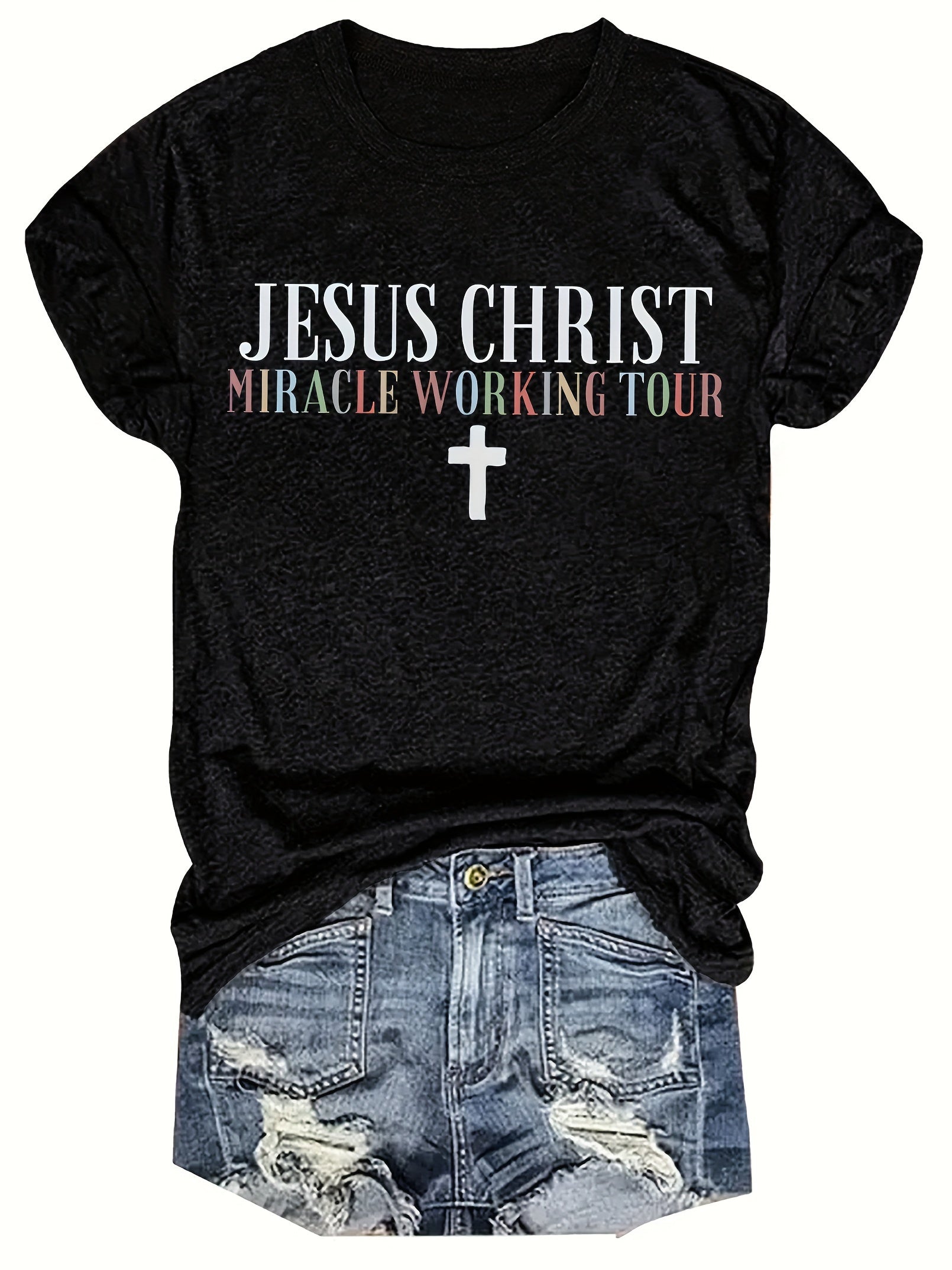 [Christian Faith Tee] Black Christian Faith Women's Jesus Christ Miracle Working Tour Graphic T-Shirt | Stretchy Round Neck Short Sleeve Top for Casual Wear & Vacation Outfits with Cross Design