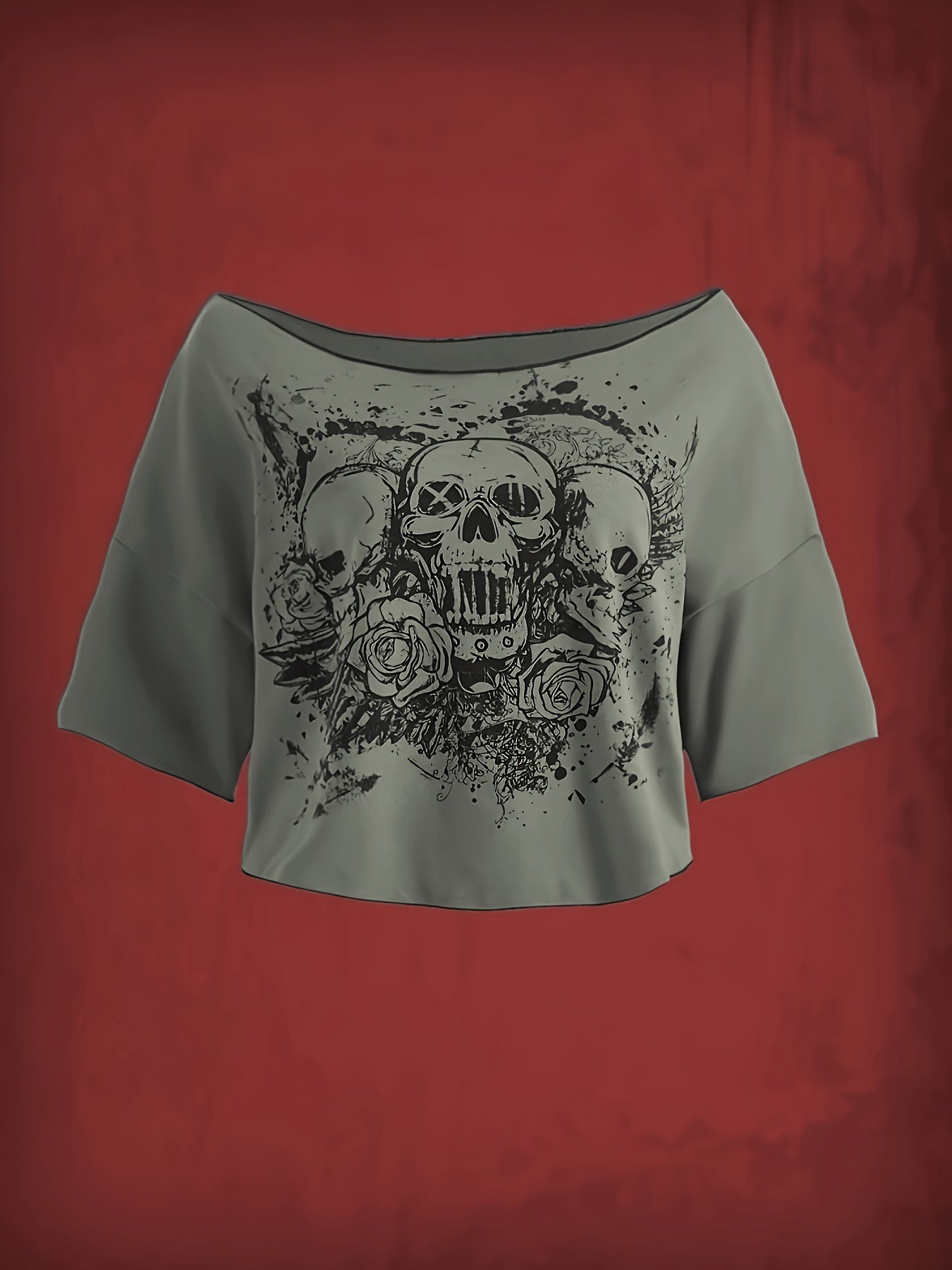 Floral Skull Print Slant Shoulder T-Shirt - Vintage Short Sleeve Tee for Spring/Summer, Women's Y2K/Grunge Style