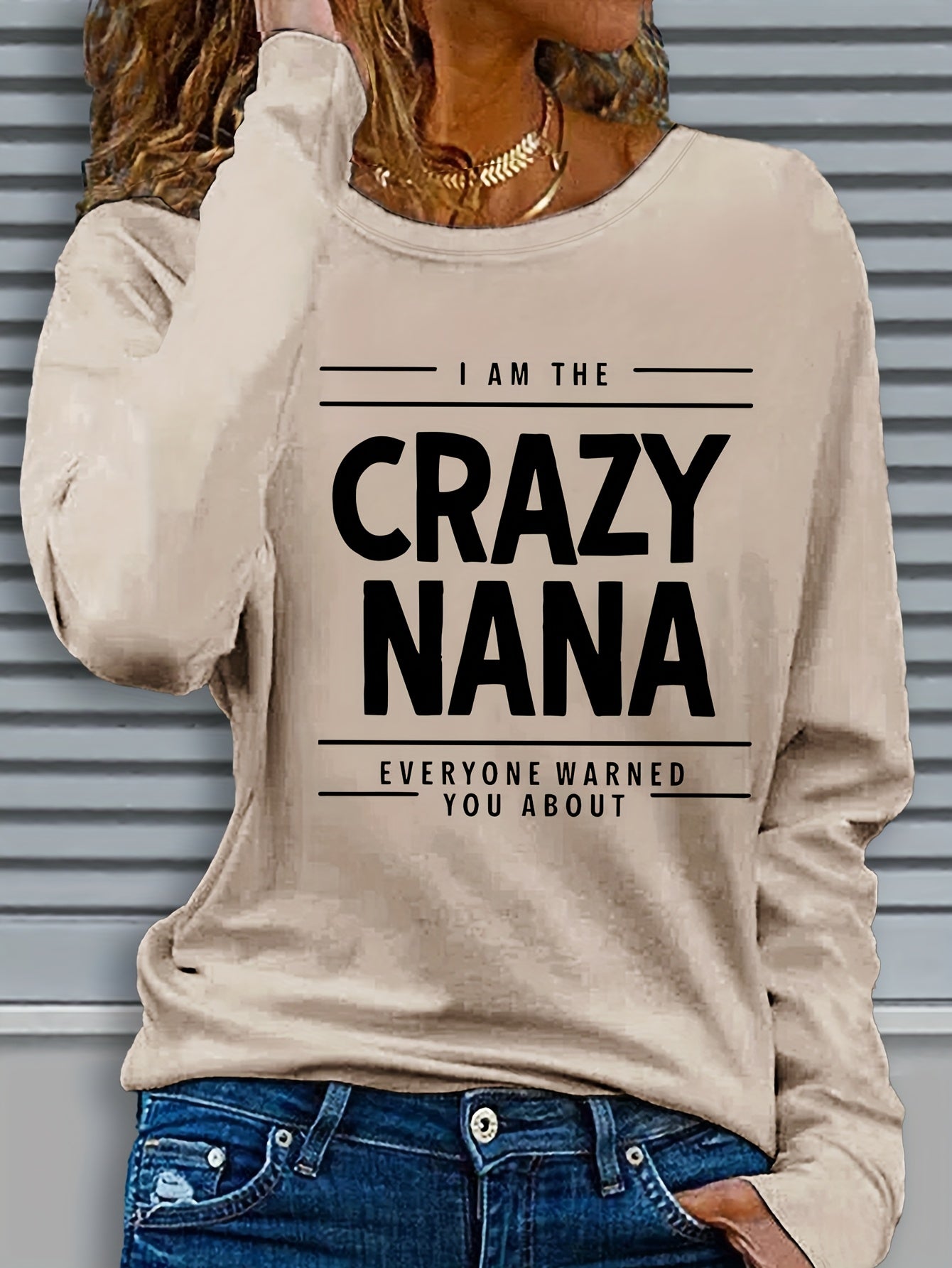 Women'S "Crazy Nana" Letter Print Long Sleeve Crew Neck T-Shirt, Casual Knit Polyester Top with Slight Stretch, Regular Fit Pullovers for Fall/Winter - 100% Polyester, 180g/m²