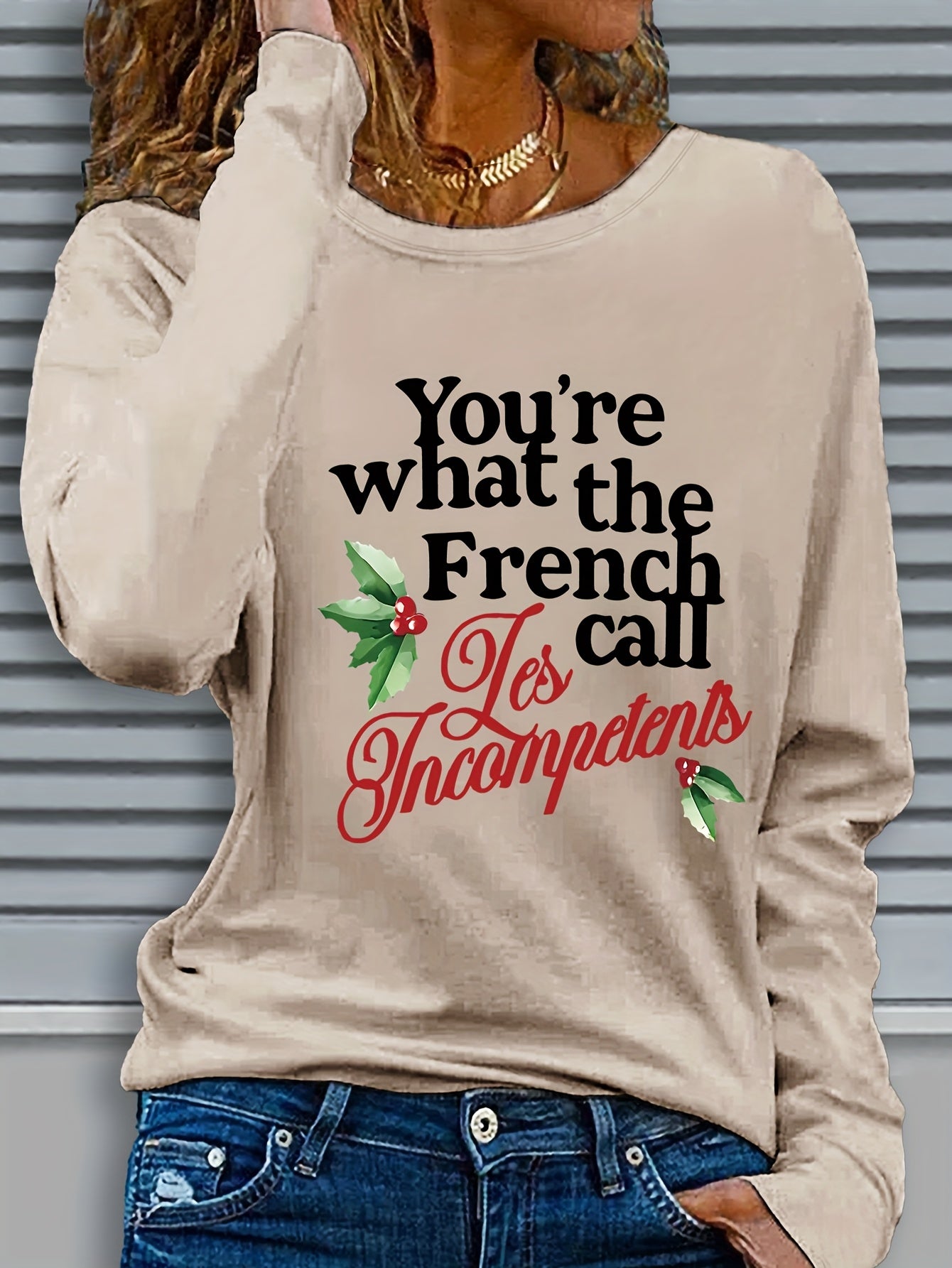 Christmas Themed Long Sleeve Crew Neck Top - 1pc Women's Casual Polyester Knit Fabric with Graphic Print and Slight Stretch - Regular Fit, Fall/Winter Collection