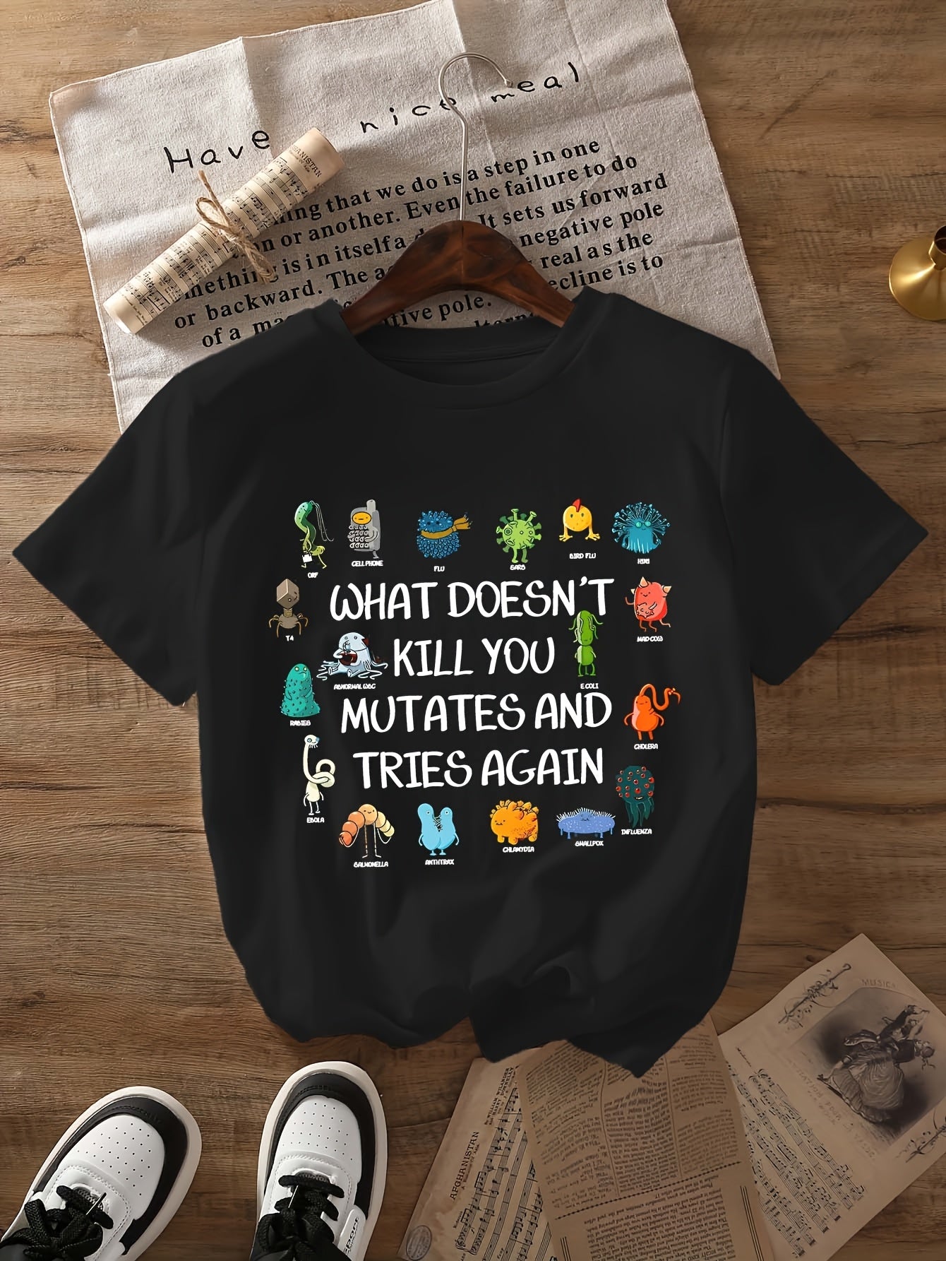 [Humorous T-Shirt] Humorous Women's "What Doesn't Kill You Mutate & Try Again" Graphic T-Shirt | Colorful Cartoon Virus & Microbe Print, Short Sleeve Crew Neck Casual Top, Heather Gray, Machine Washable Summer & Spring Tee, Ladies T Shirts, Spring
