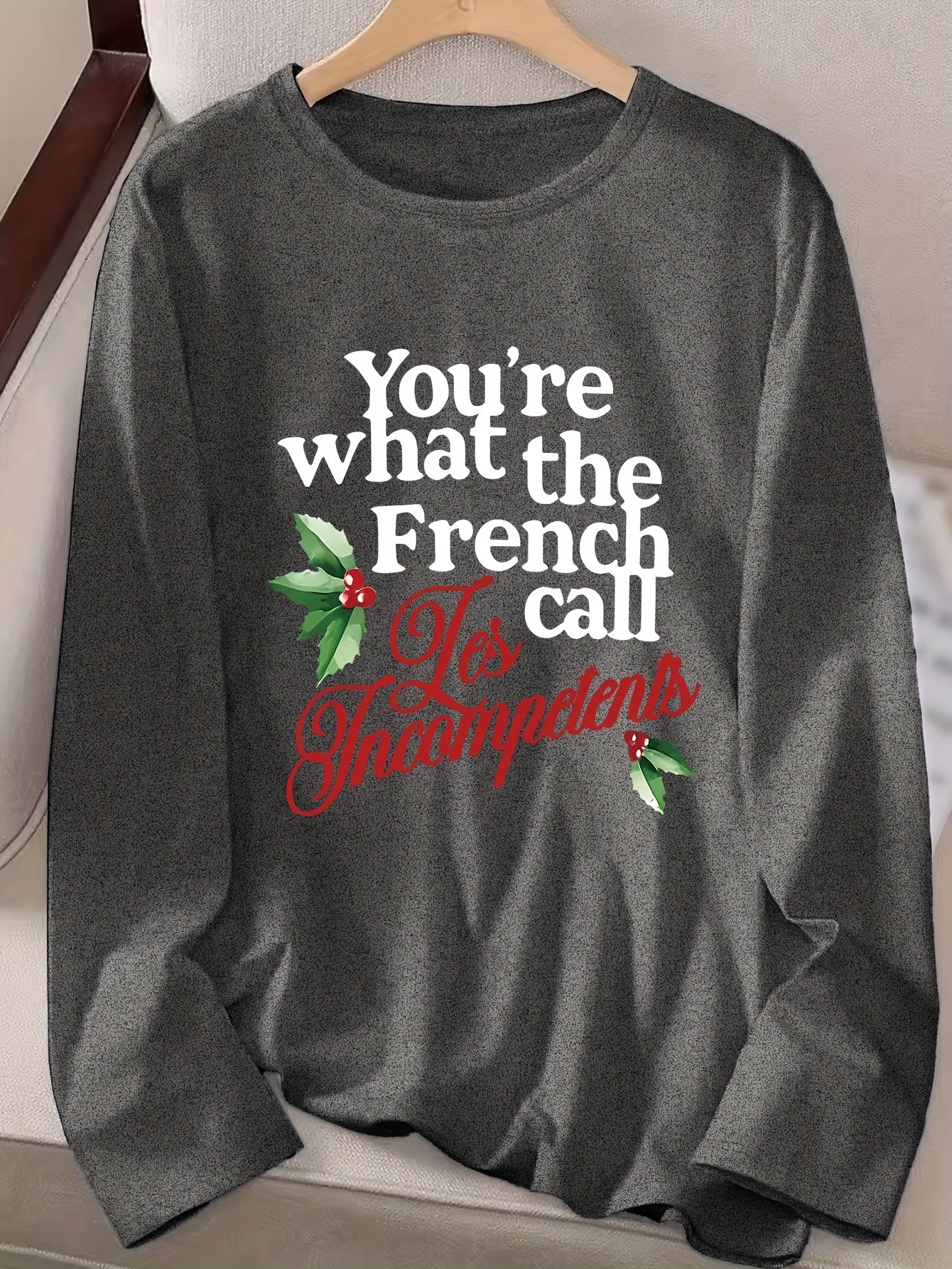 Christmas Themed Long Sleeve Crew Neck Top - 1pc Women's Casual Polyester Knit Fabric with Graphic Print and Slight Stretch - Regular Fit, Fall/Winter Collection